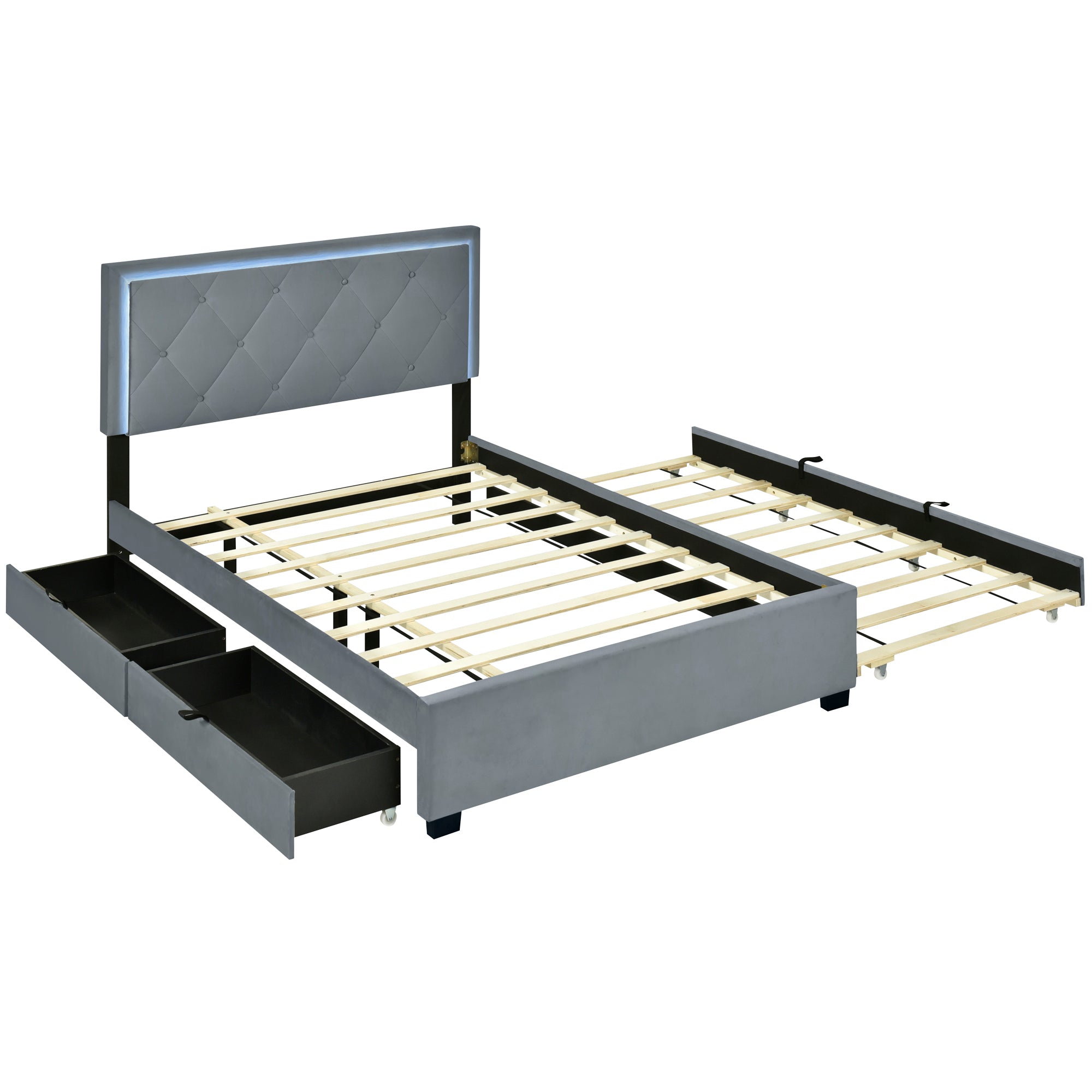 Full Size Velvet Storage Platform Bed, with 2 Big Drawers, T Size Trundle and LED Light, Gray - Atlantic Fine Furniture Melbourne FL
