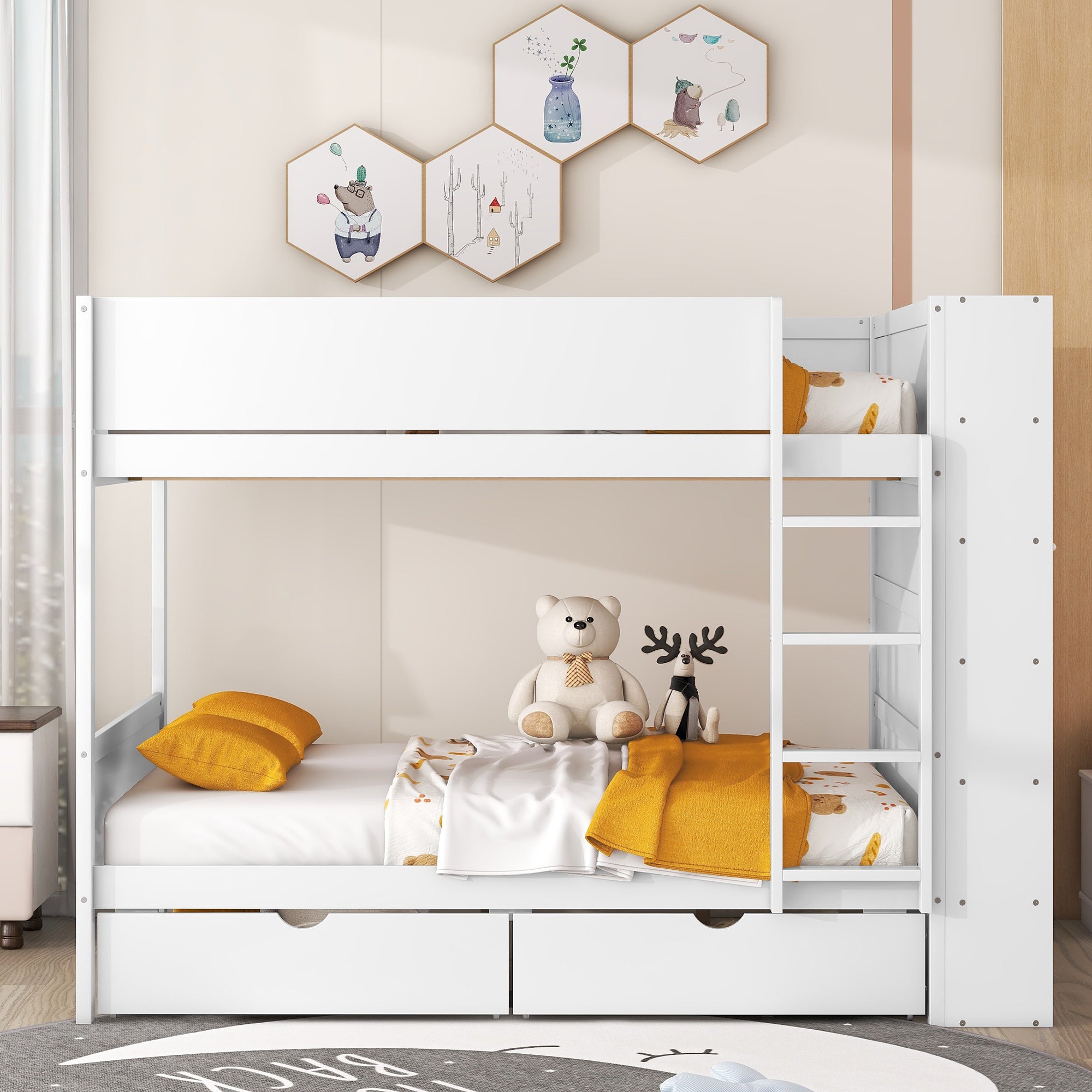 Full over Full Bunk Bed With 2 Drawers and Multi-layer Cabinet, White - Atlantic Fine Furniture Melbourne FL