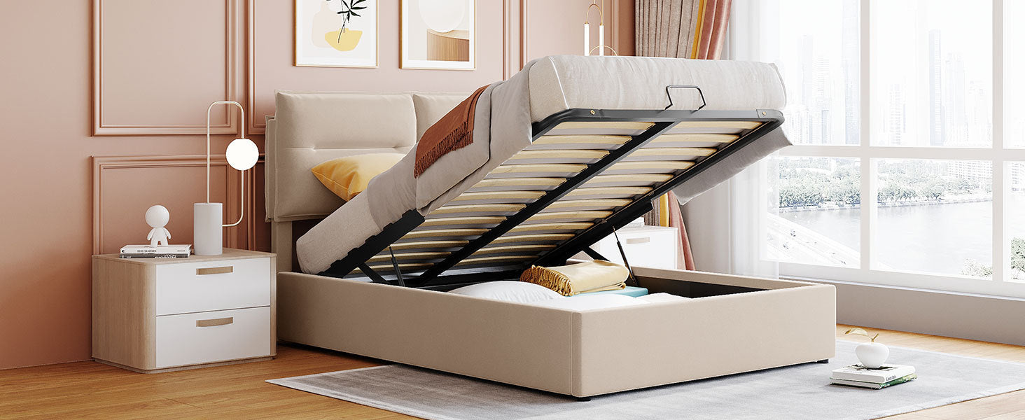Upholstered Platform bed with a Hydraulic Storage System, Full size, Beige - Atlantic Fine Furniture Melbourne FL
