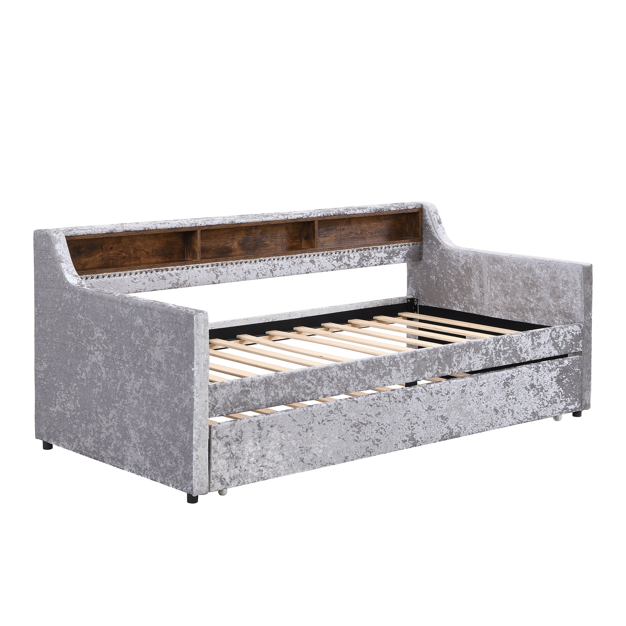 Twin Size Snowflake Velvet Daybed with Trundle and Built-in Storage Shelves,Gray - Atlantic Fine Furniture Melbourne FL