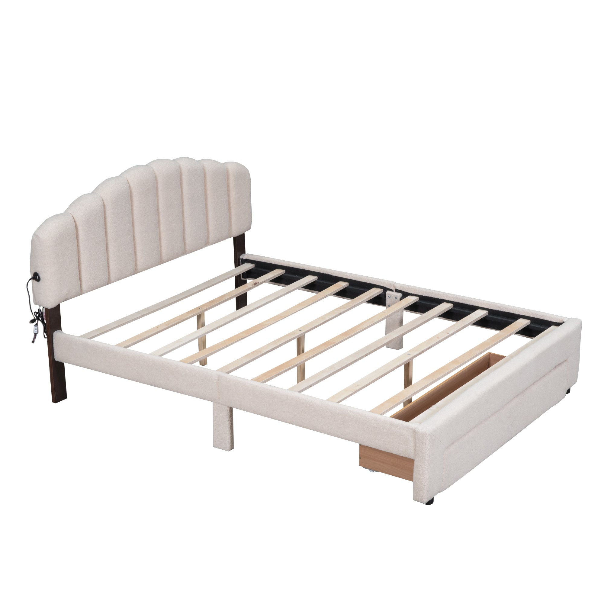 Teddy Fleece Queen Size Upholstered Platform Bed with Drawer, Beige - Atlantic Fine Furniture Melbourne FL