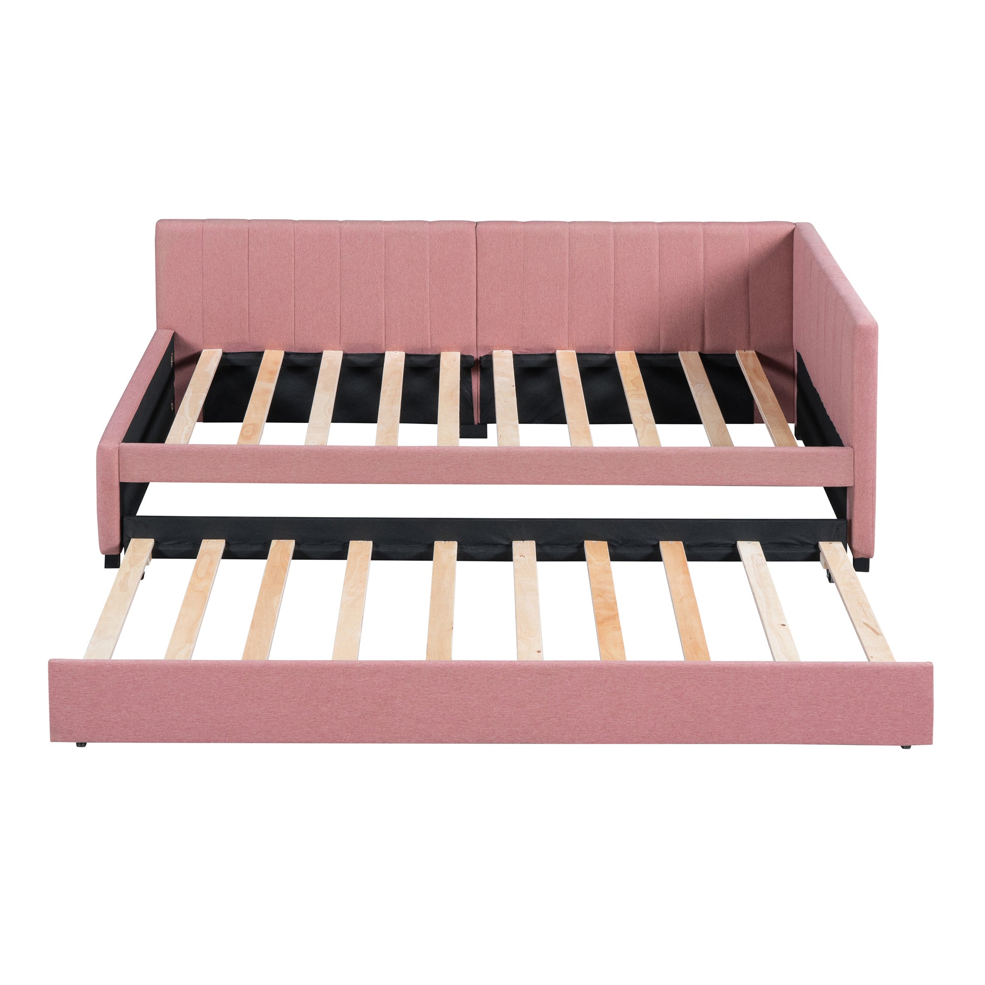 Upholstered Daybed with Trundle Twin Size Sofa Bed Frame No Box Spring Needed, Linen Fabric(Pink) - Atlantic Fine Furniture Melbourne FL