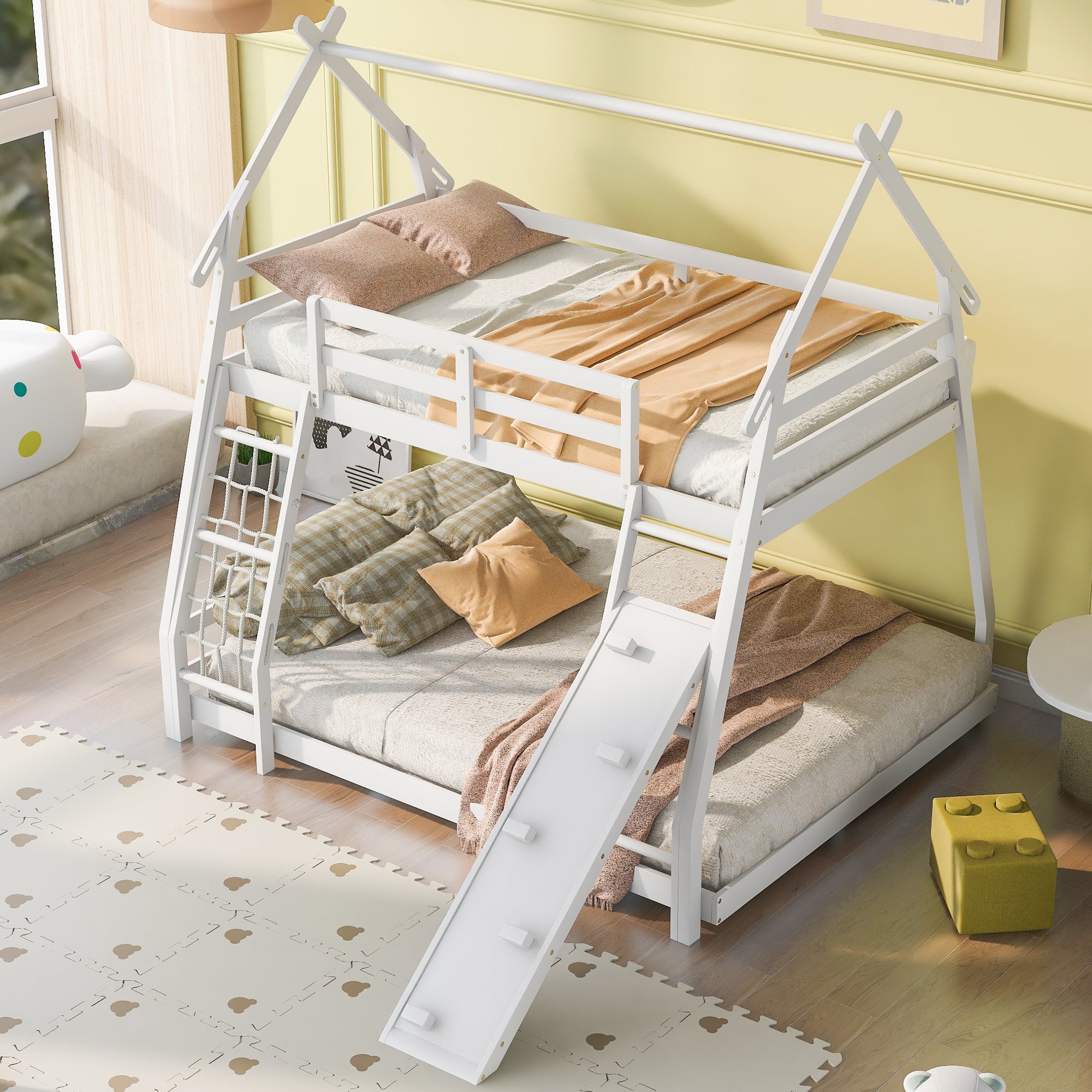 Twin over Queen House Bunk Bed with Climbing Nets and Climbing Ramp, White - Atlantic Fine Furniture Melbourne FL