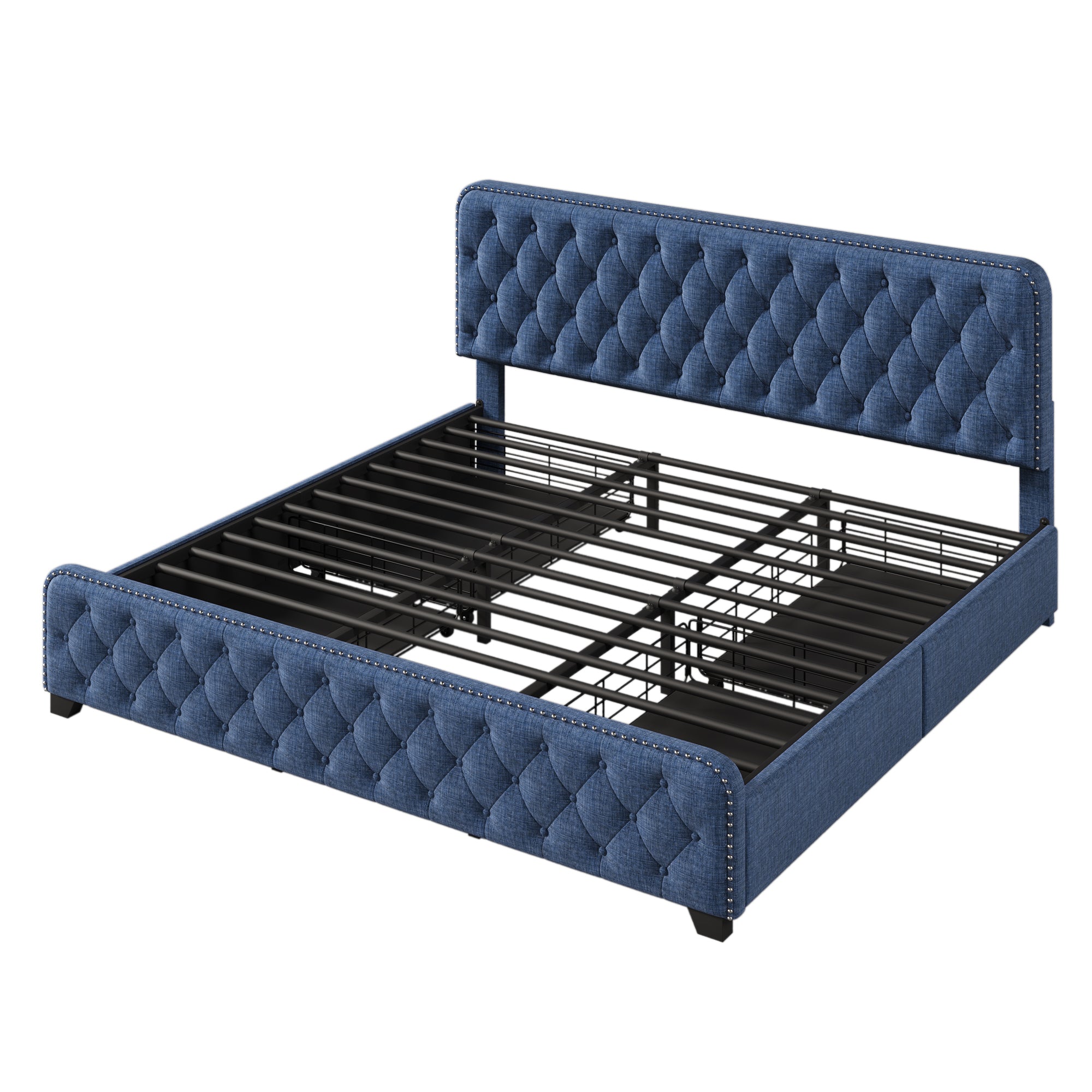 Upholstered Platform Bed Frame with Four Drawers, Button Tufted Headboard and Footboard Sturdy Metal Support, No Box Spring Required, Blue, King (Old sku: BS300277AAC) - Atlantic Fine Furniture Melbourne FL