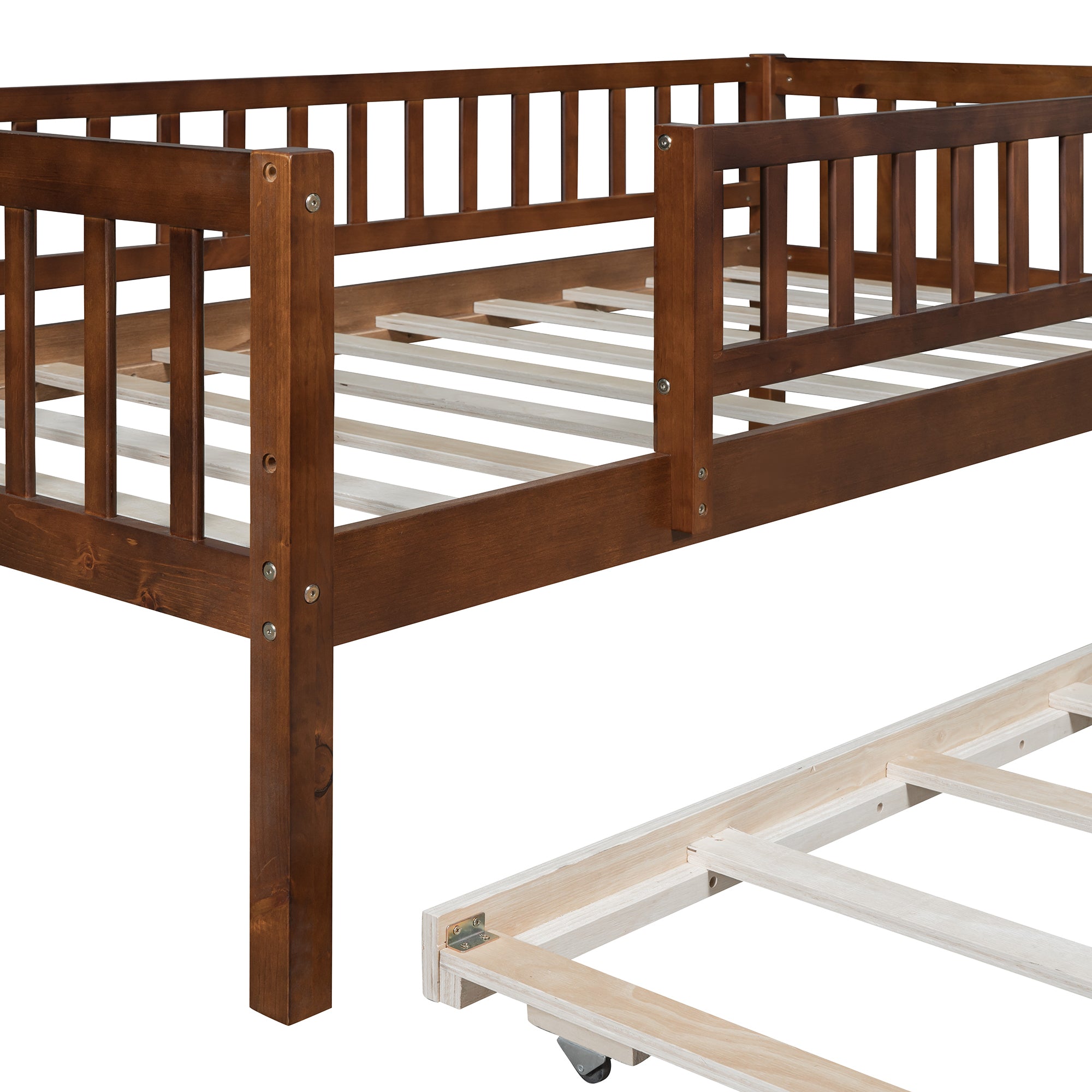 Twin Size Wood Daybed with Trundle and Fence Guardrails, Walnut - Atlantic Fine Furniture Melbourne FL