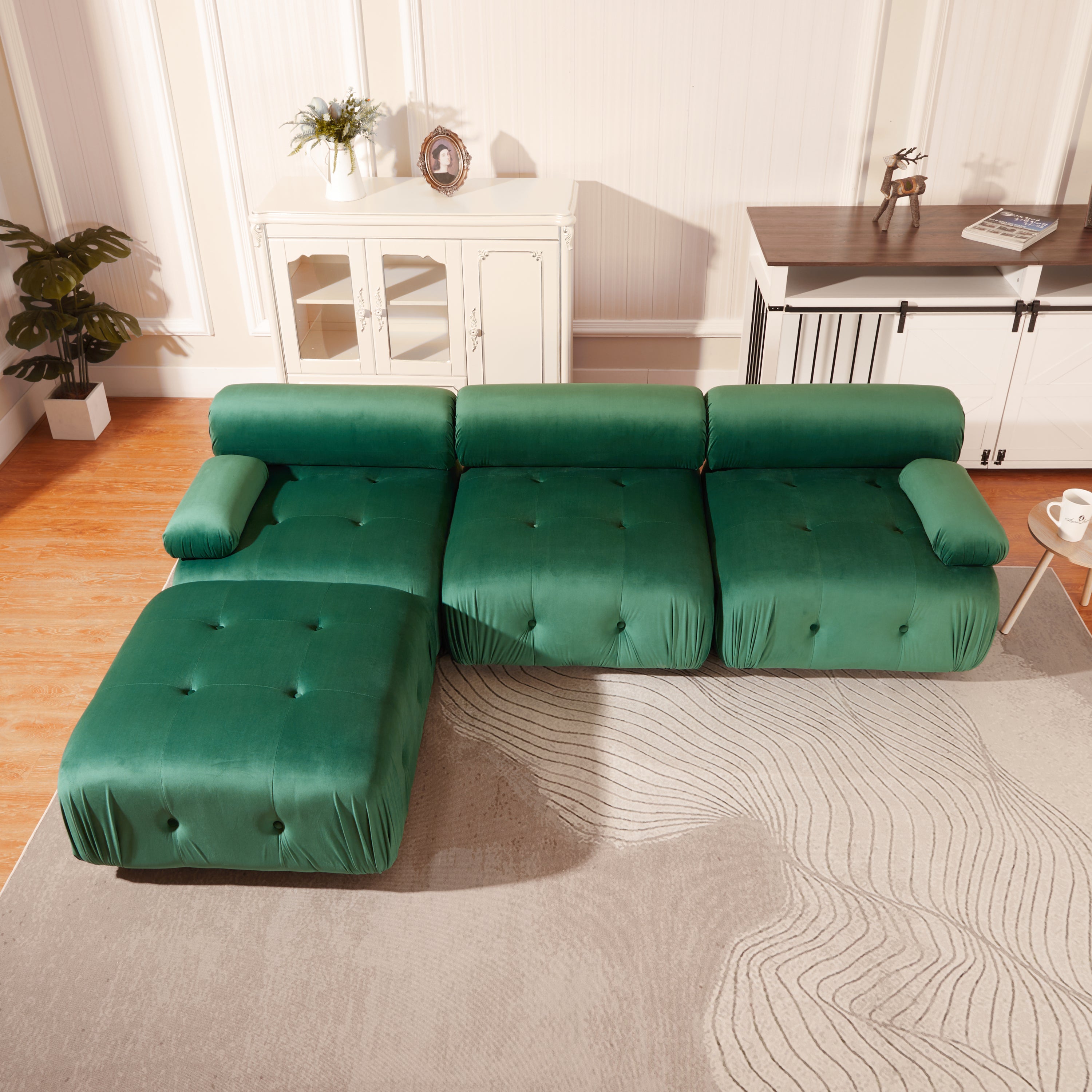 Modular Sectional Sofa Couch, Modern L Shaped Cloud Couch with Reversible Ottoman Convertible Button Tufted Velvet Fabric Couches for Living Room, DIY Combination,Green