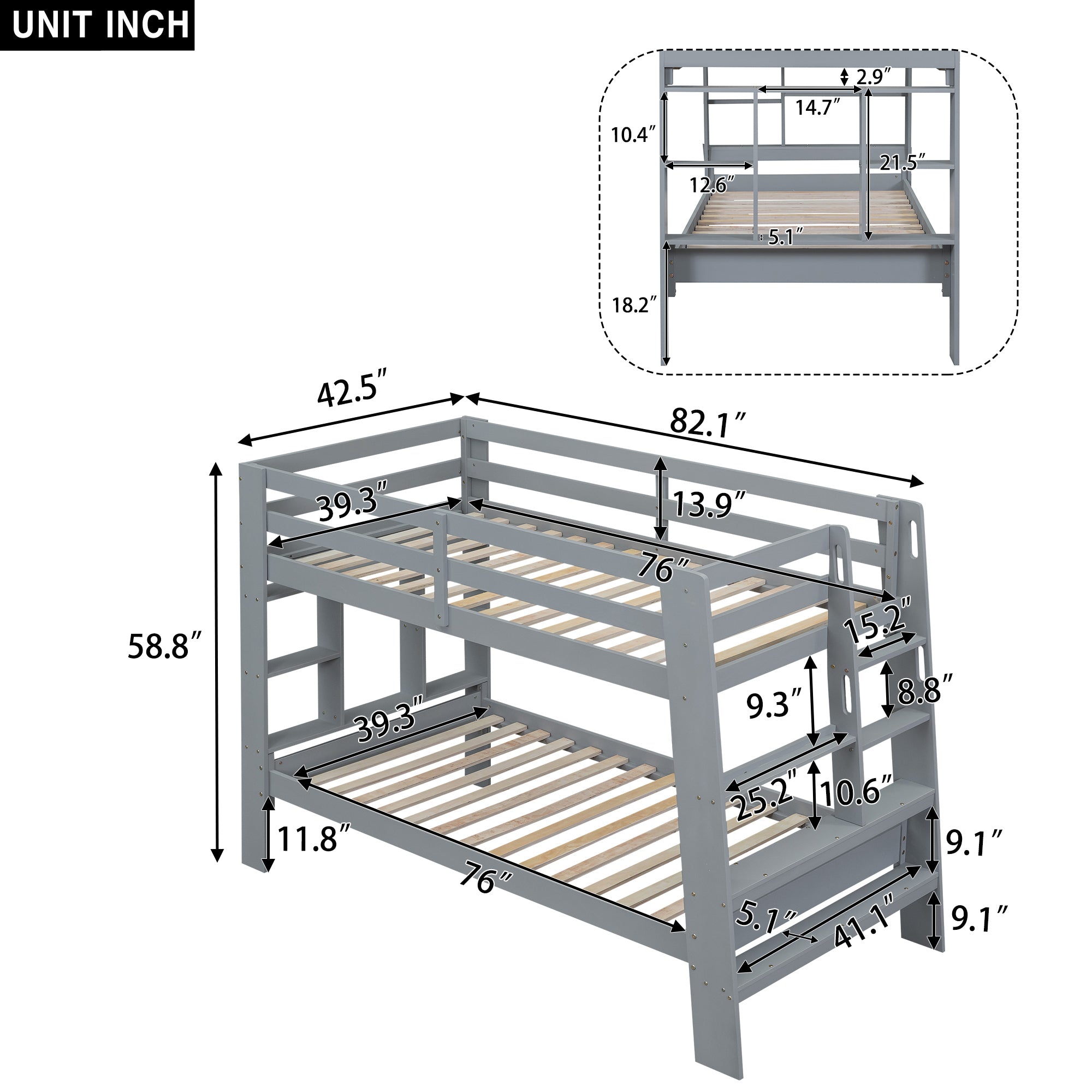 Twin over Twin Bunk Bed with Shelves and Built-in Ladder, Gray - Atlantic Fine Furniture Melbourne FL