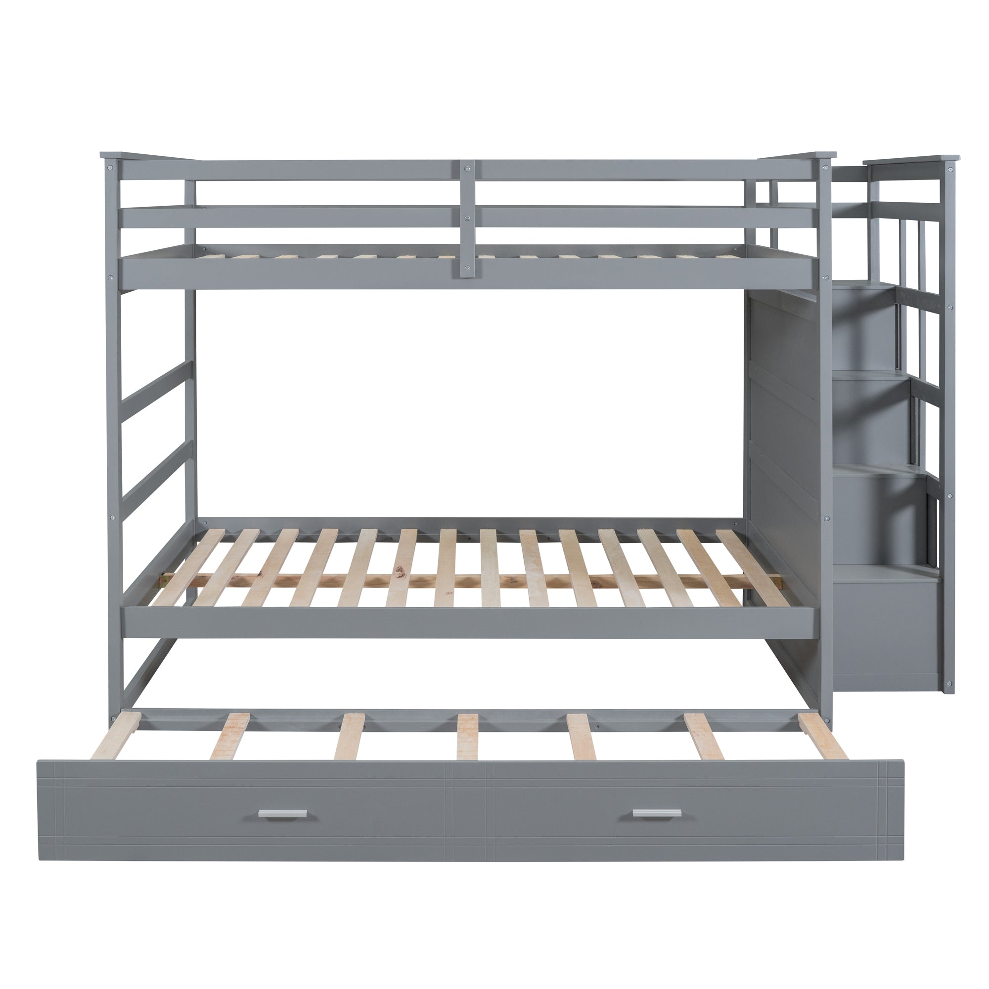 Full Over Full Bunk Bed with Twin Size Trundle and Staircase, Gray - Atlantic Fine Furniture Melbourne FL