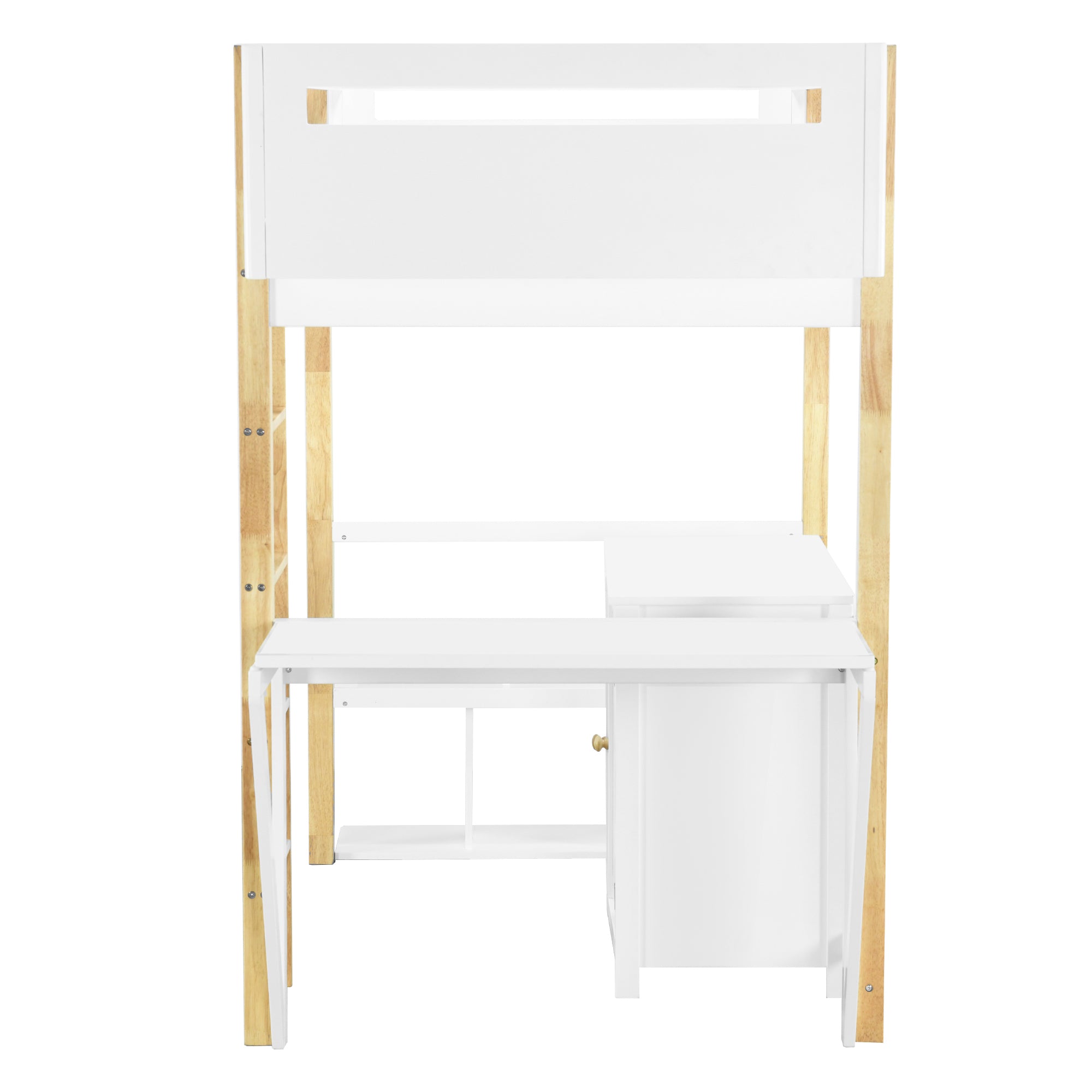 Twin Size Wood Loft Bed With Built-in Storage Cabinet and Cubes, Foldable desk, White