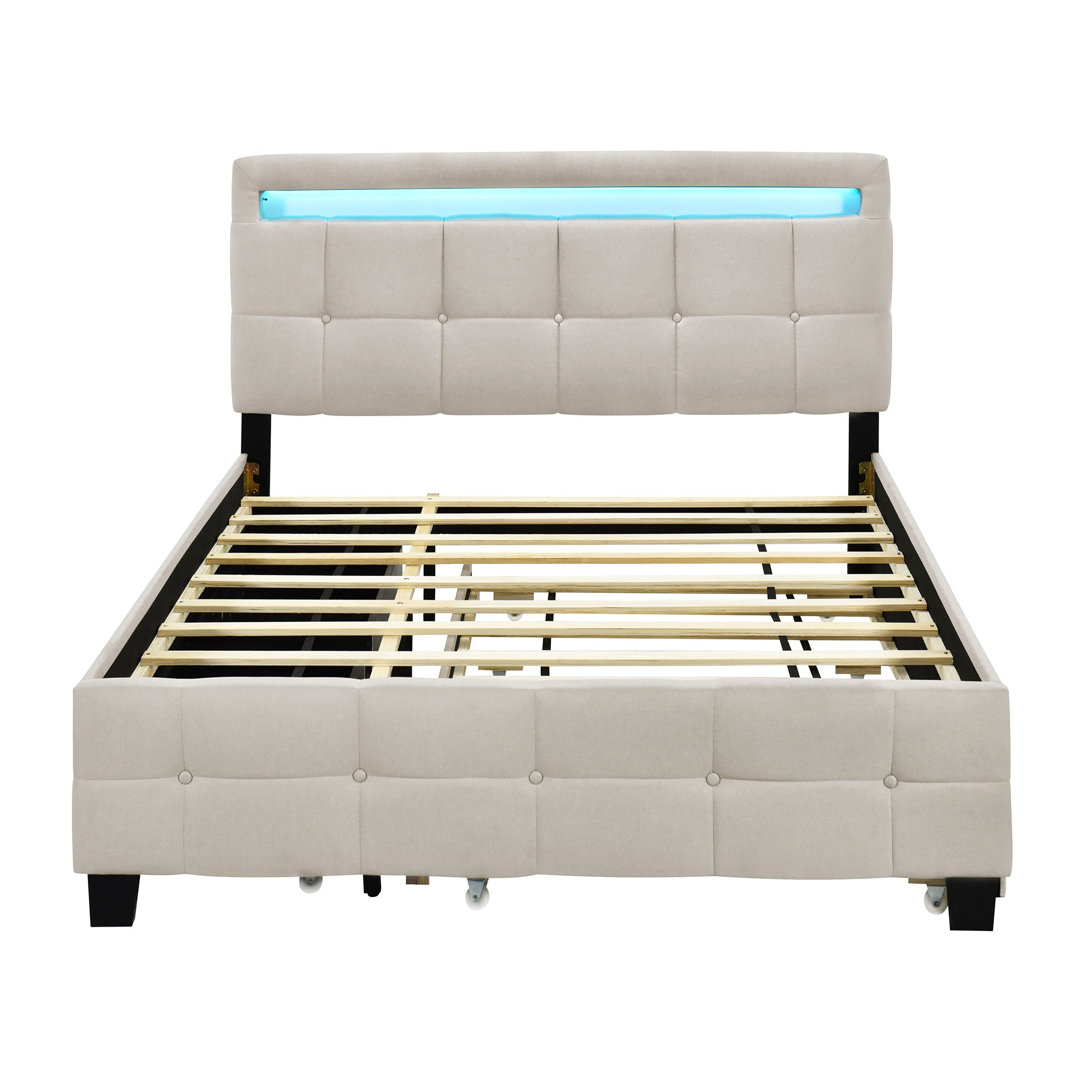 Queen Size Upholstered Platform Bed with LED Frame, with Twin XL Size Trundle and 2 drawers, Linen Fabric, Beige - Atlantic Fine Furniture Melbourne FL