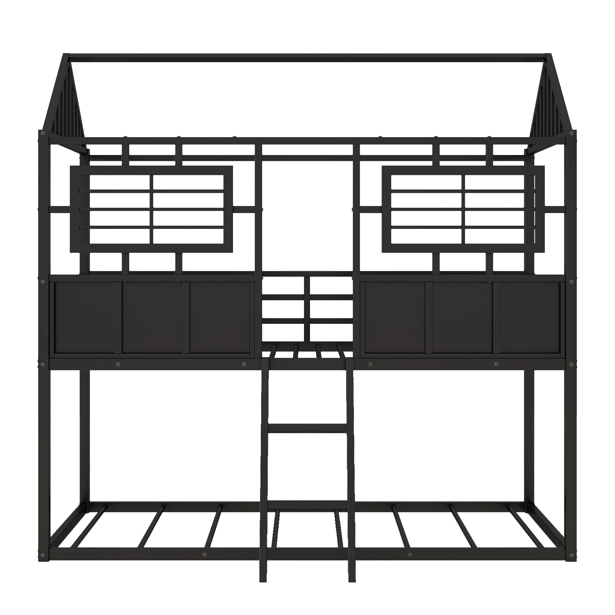 Twin over Twin Size Metal Low Bunk Beds with Roof and Fence-shaped Guardrail, Black