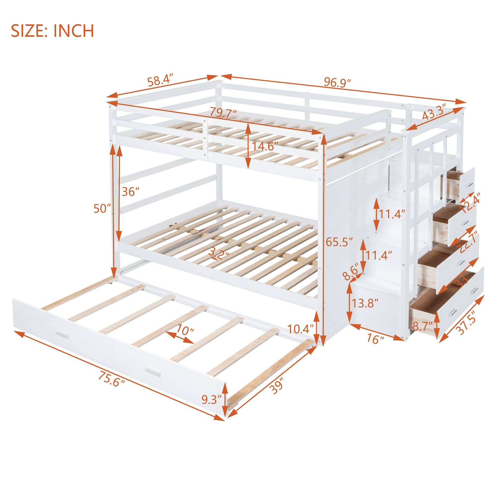 Full Over Full Bunk Bed with Twin Size Trundle and Staircase, White - Atlantic Fine Furniture Melbourne FL