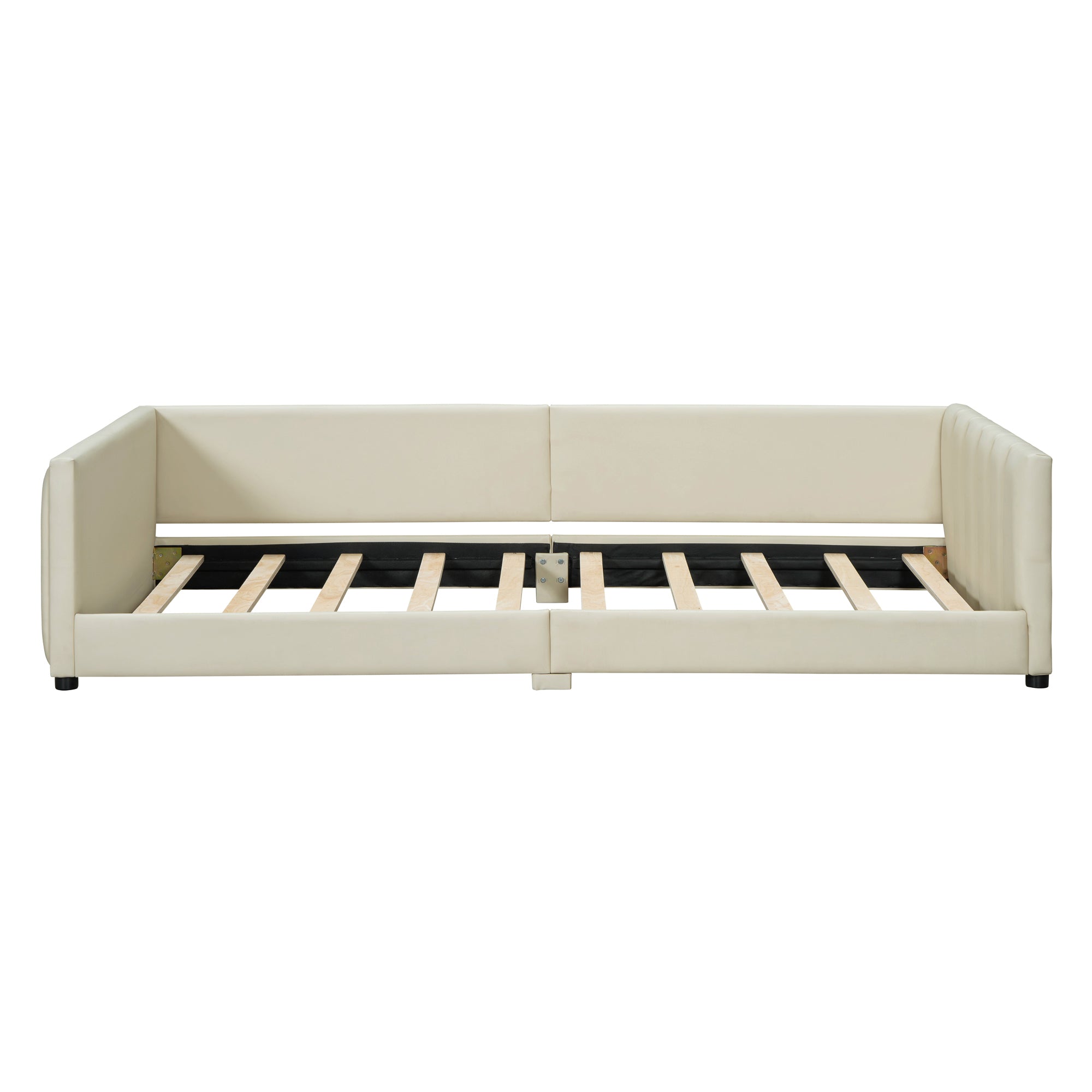 Queen Size & Twin XL Size Upholstered Platform Bed, Mother & Child Bed, PU Leather, Beige - Atlantic Fine Furniture Melbourne FL