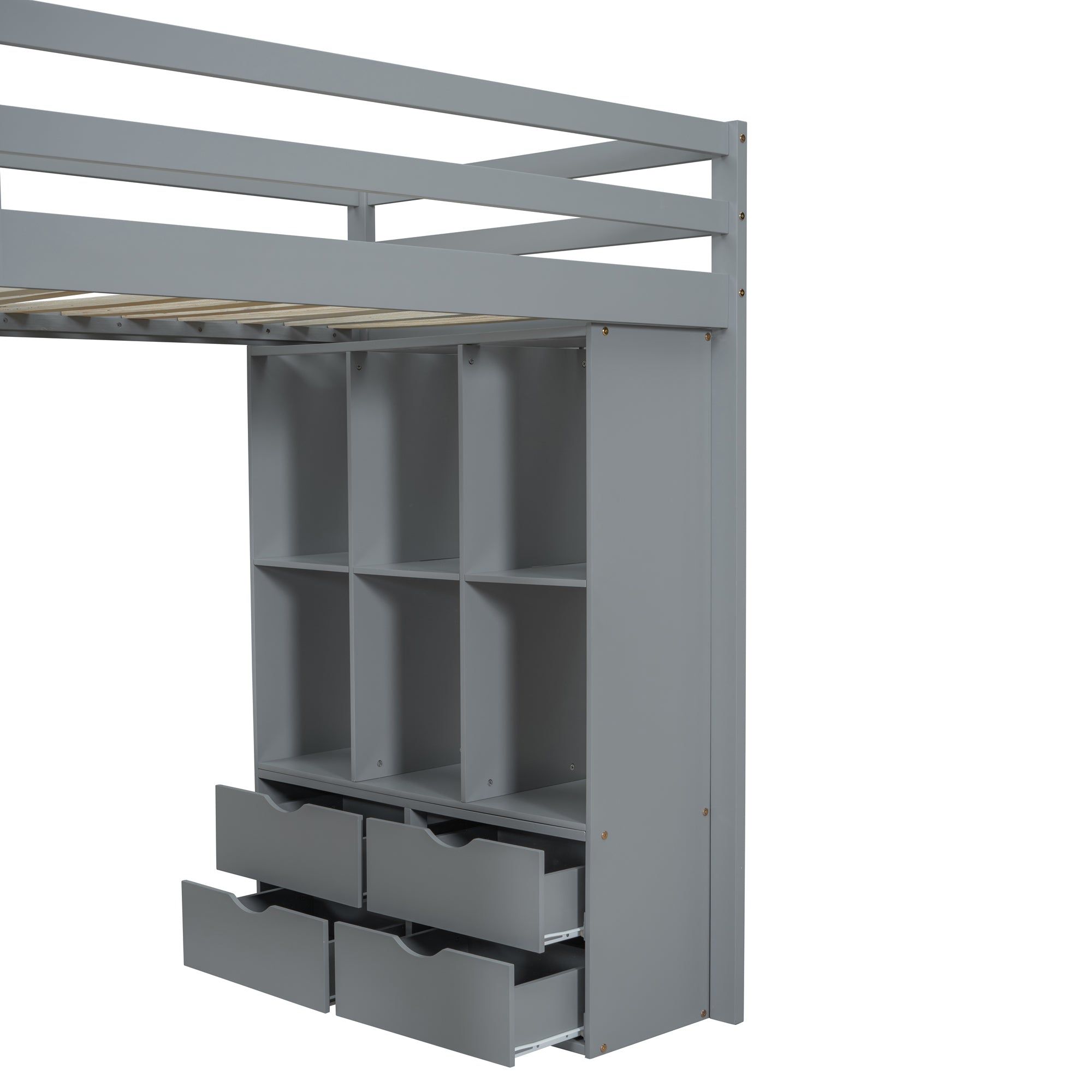 Full Size Loft Bed with large shelves, writing desk and LED Light, Gray - Atlantic Fine Furniture Melbourne FL