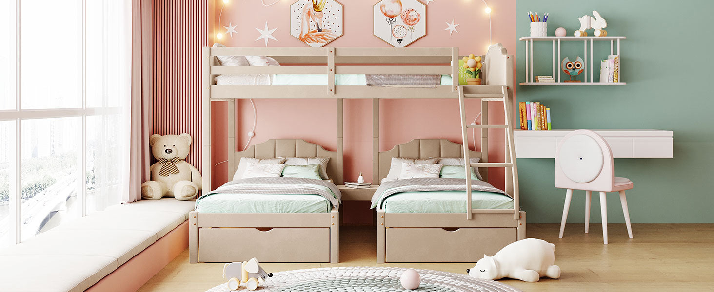 Full Over Twin & Twin Bunk Bed, Velvet Triple Bunk Bed with Drawers and Guardrails, Beige - Atlantic Fine Furniture Melbourne FL