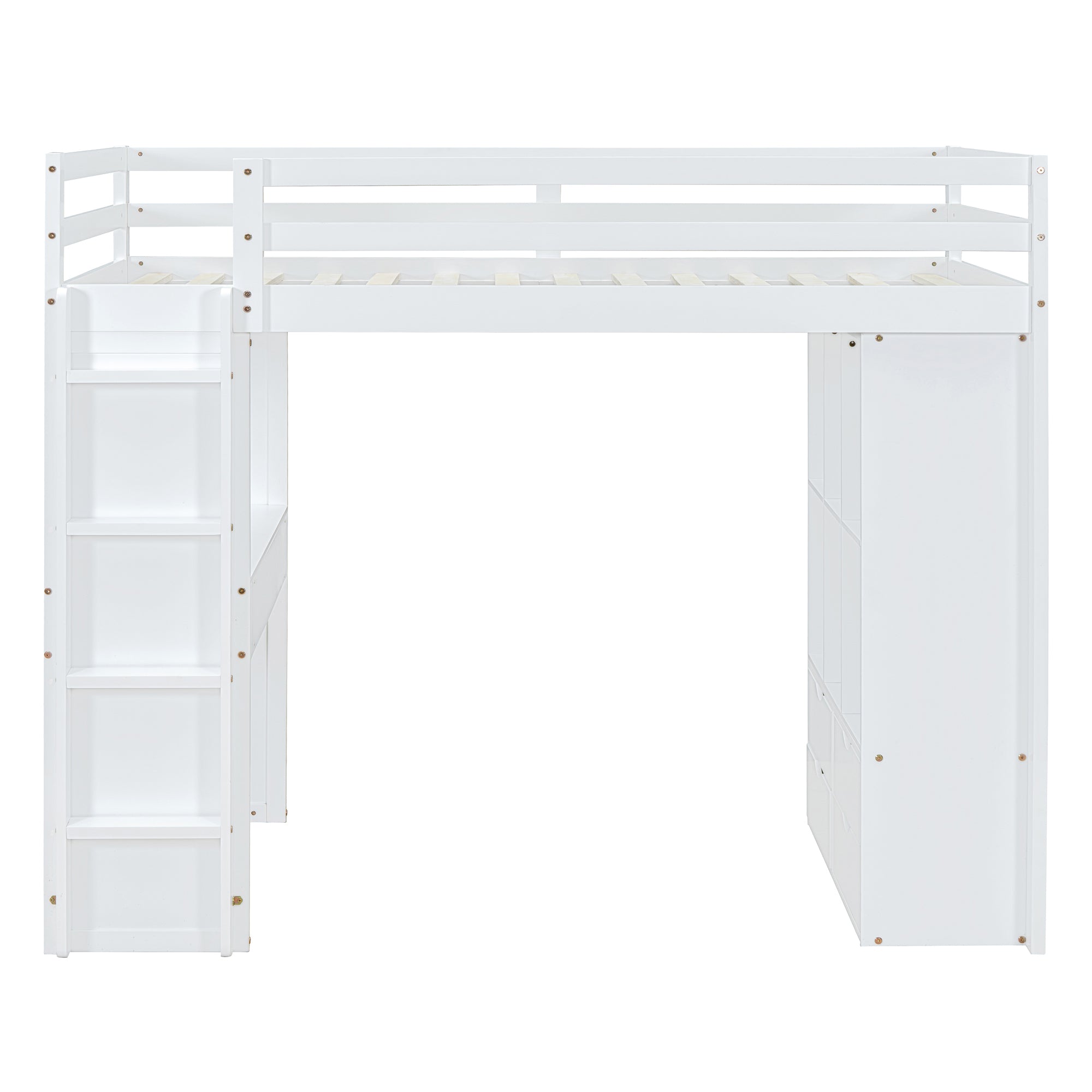 Full Size Loft Bed with large shelves, writing desk and LED Light, White - Atlantic Fine Furniture Melbourne FL