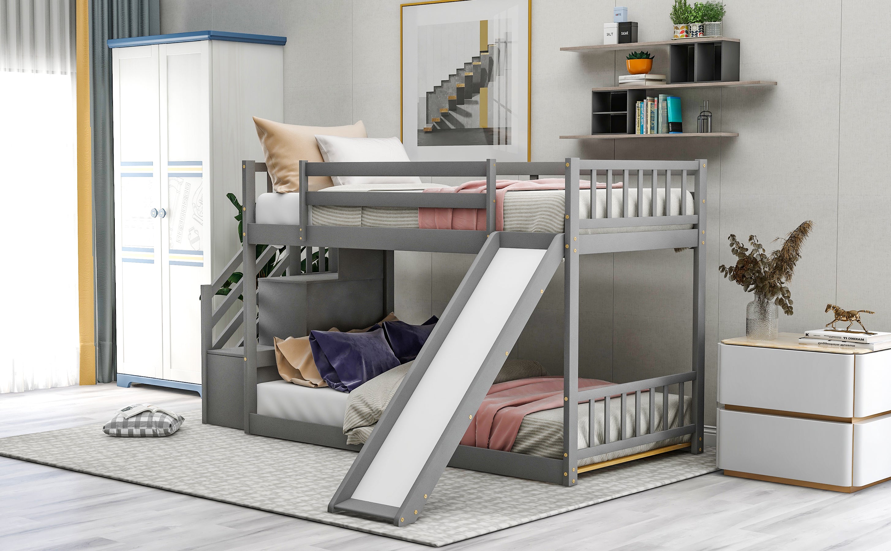 Twin over Twin Bunk Bed with Convertible Slide and Stairway, Gray - Atlantic Fine Furniture Melbourne FL