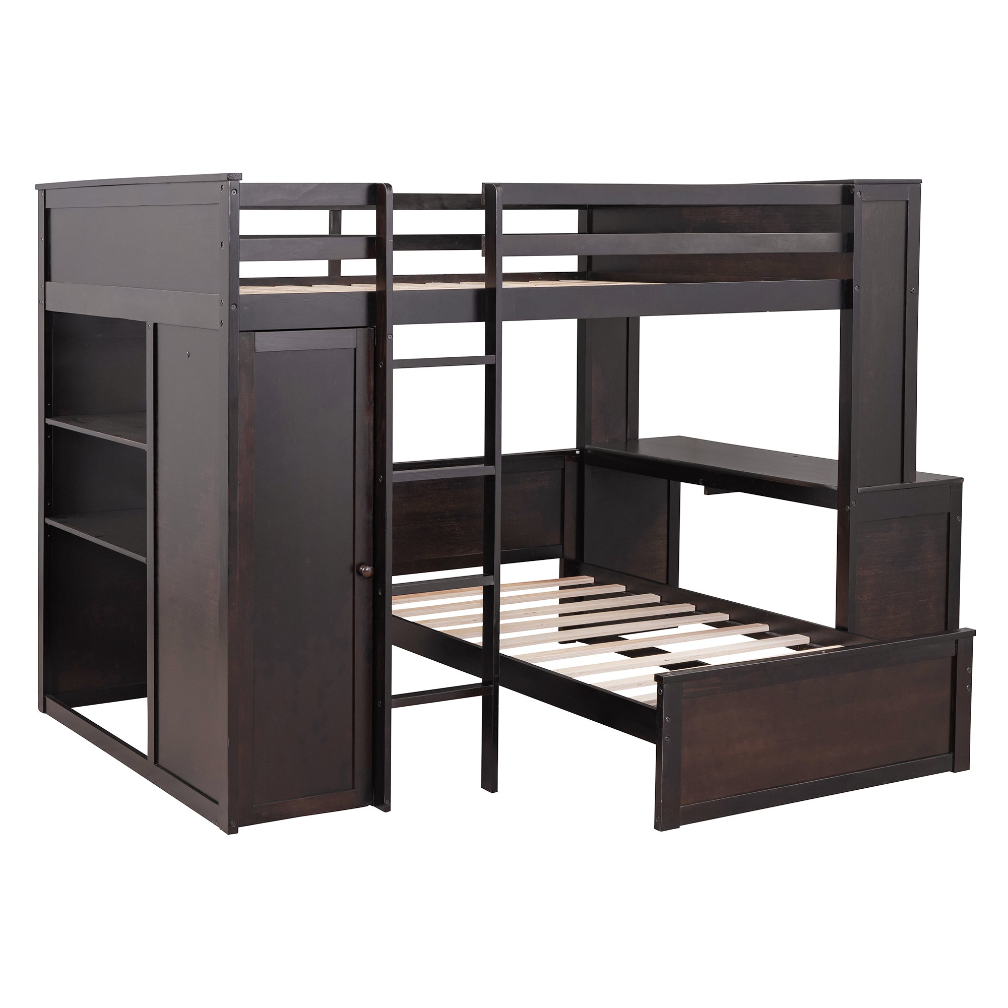 Full size Loft Bed with a twin size Stand-alone bed, Shelves,Desk,and Wardrobe-Espresso - Atlantic Fine Furniture Melbourne FL