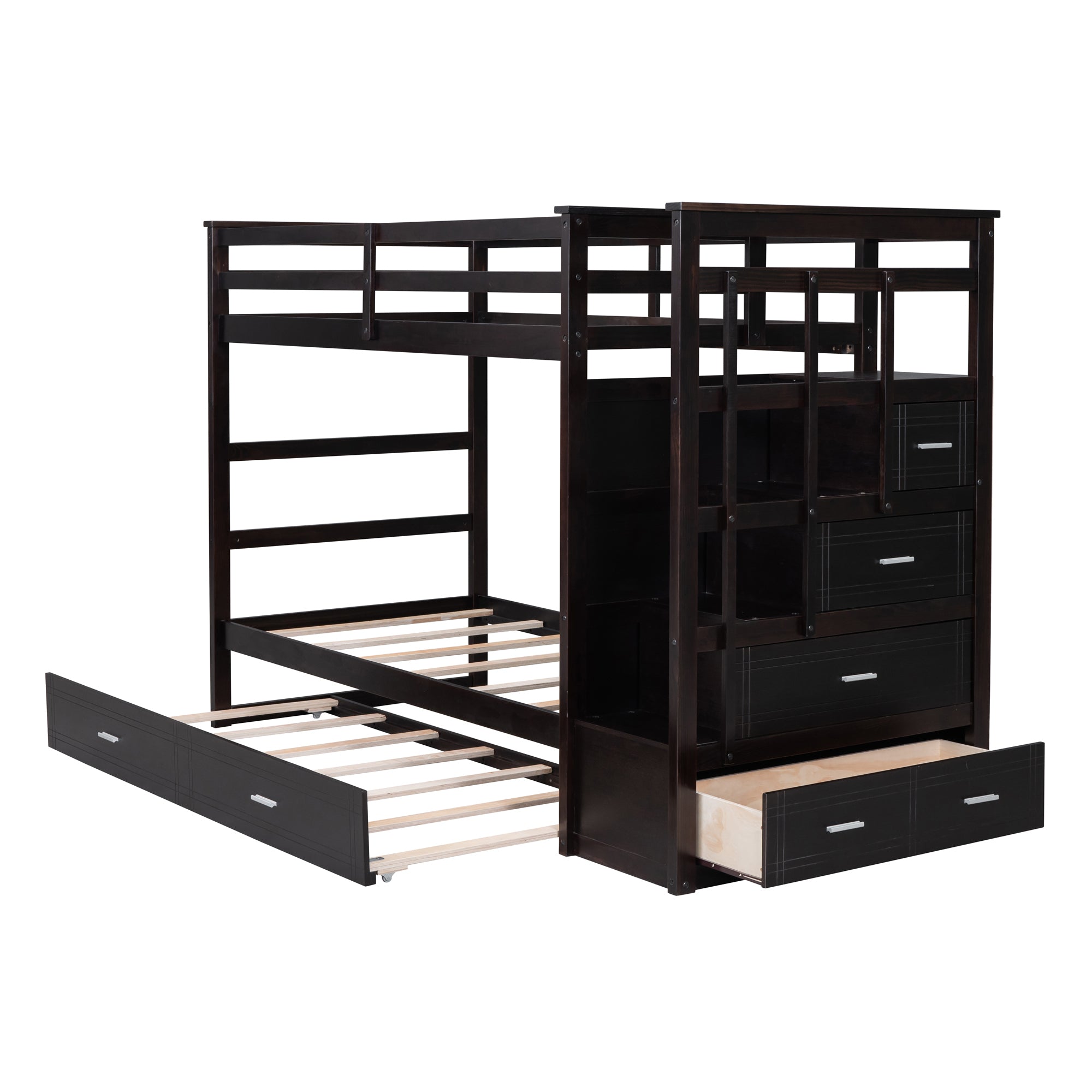 Twin Over Twin Bunk Bed with Trundle and Staircase,Espresso(OLD SKU:LT000068AAP) - Atlantic Fine Furniture Melbourne FL