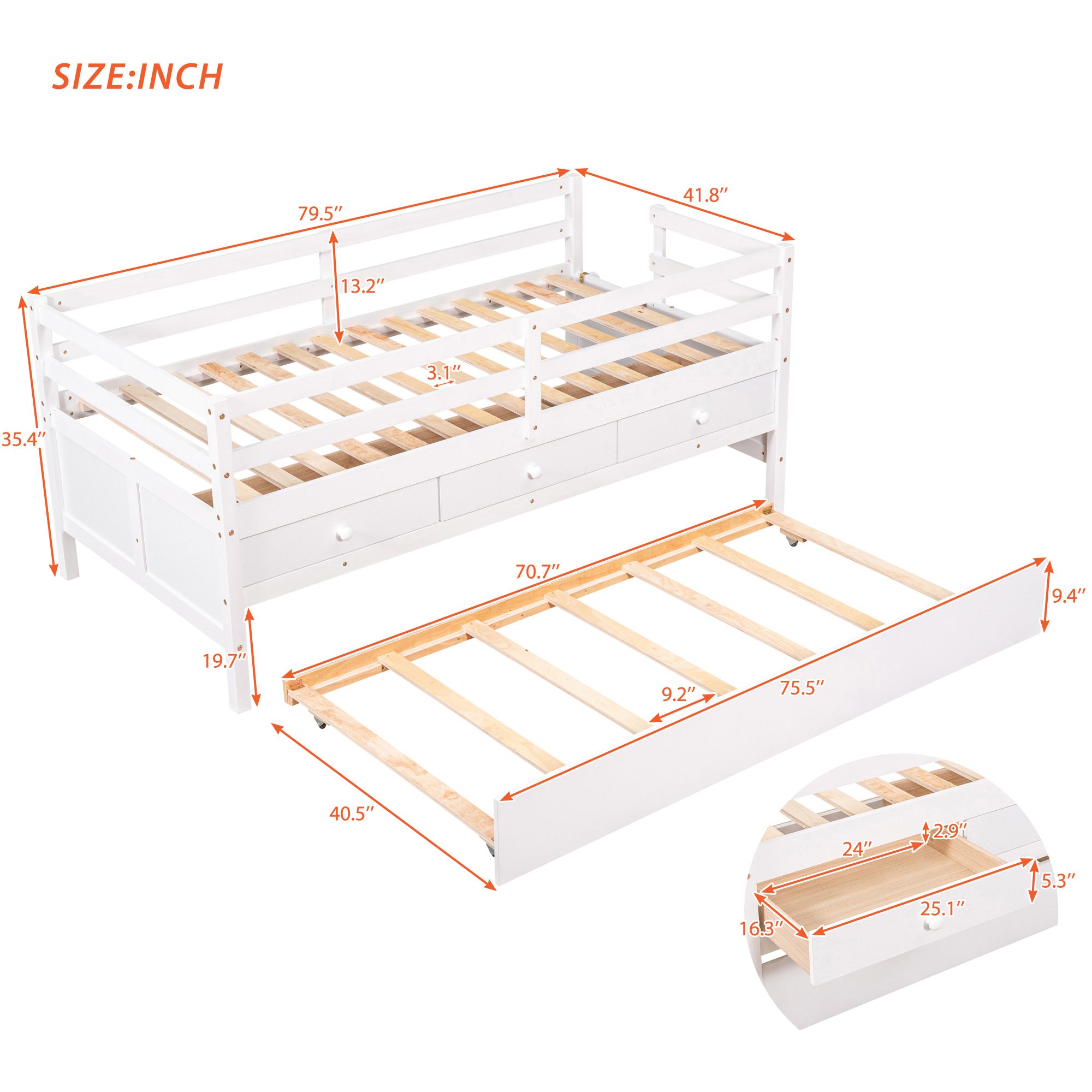 Low Loft Bed Twin Size with Full Safety Fence, Climbing ladder, Storage Drawers and Trundle White Solid Wood Bed - Atlantic Fine Furniture Melbourne FL