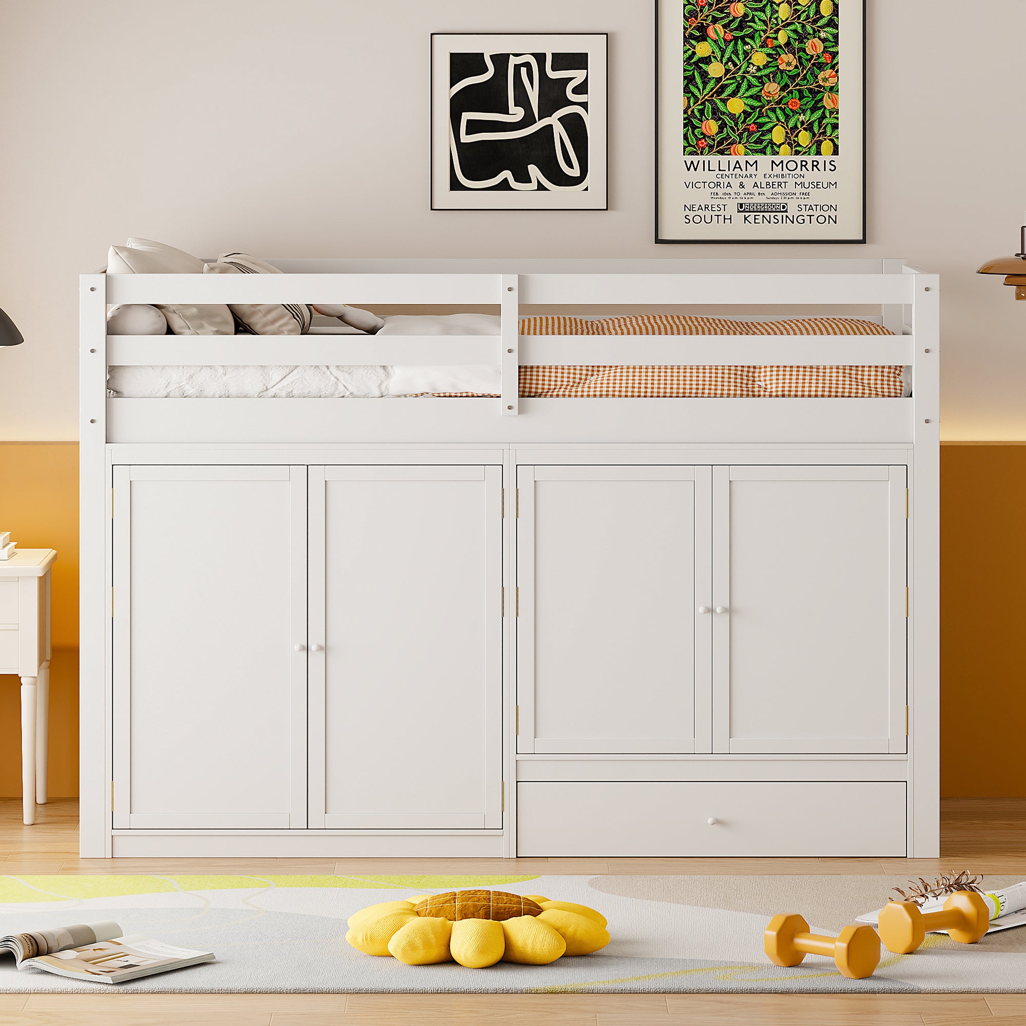 Twin size Loft Bed with Drawer, Two Wardrobes and Mirror, White - Atlantic Fine Furniture Melbourne FL