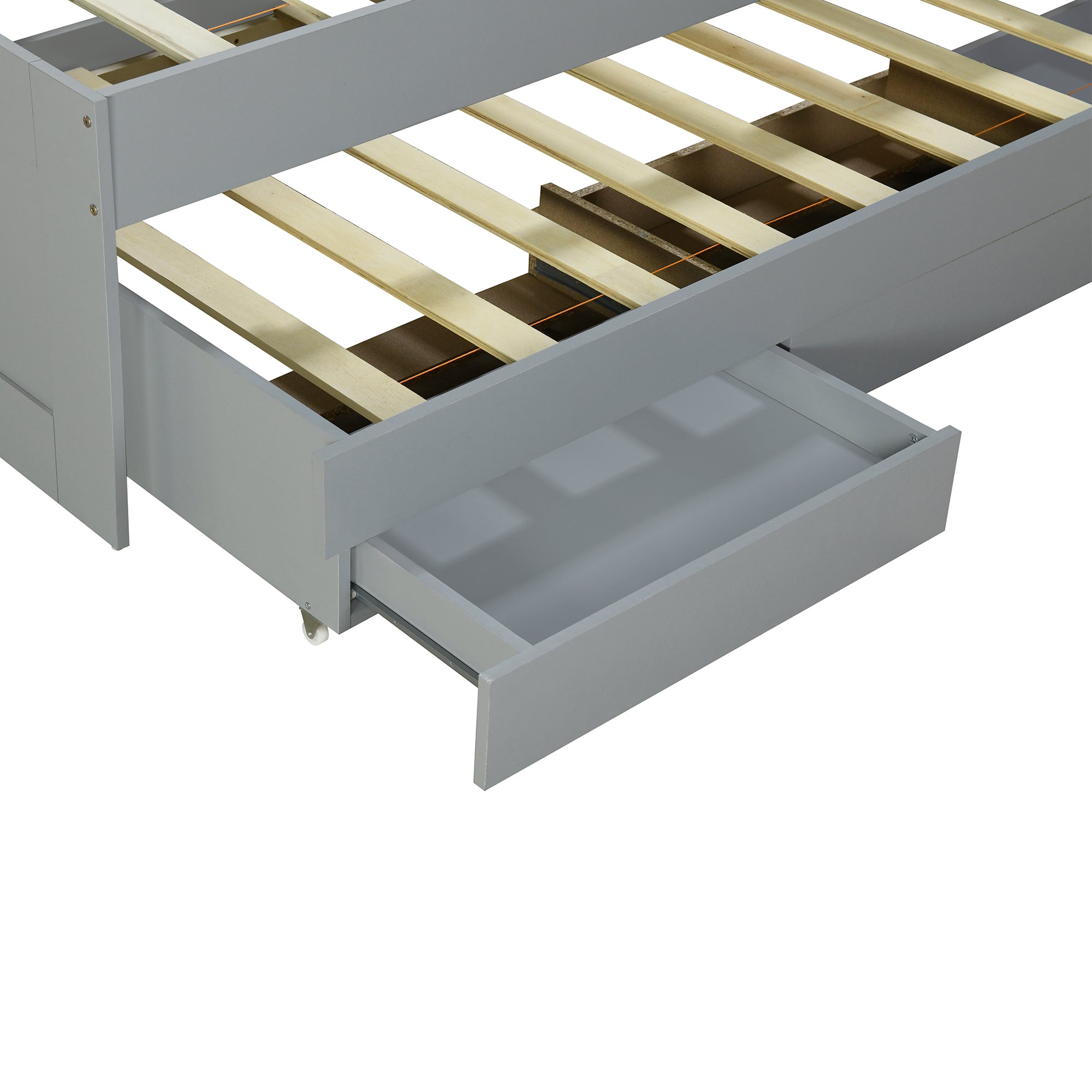 Full XL Size Platform Bed with Storage LED Headboard, Charging Station, Twin Size Trundle and 2 Drawers, Gray - Atlantic Fine Furniture Melbourne FL