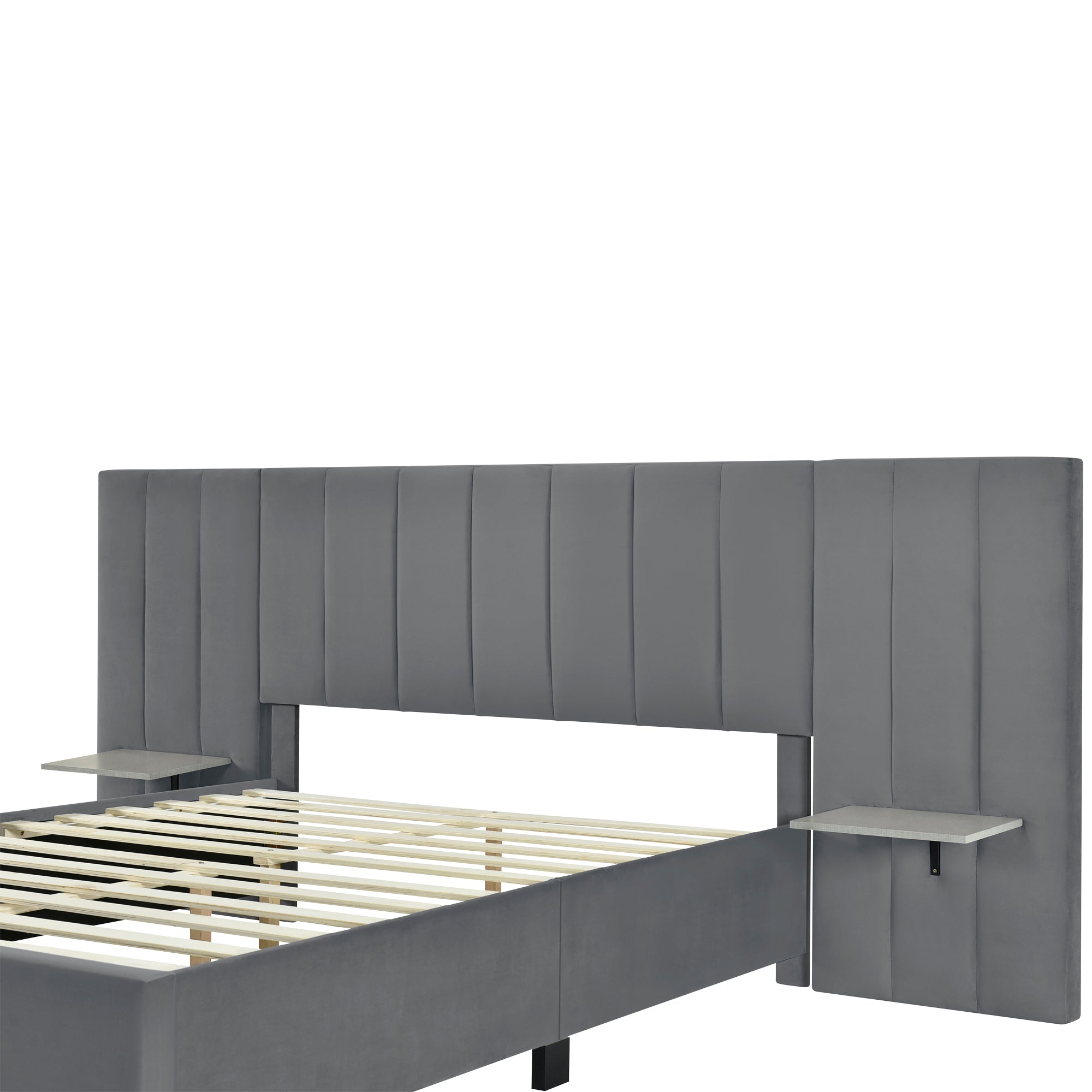 Queen Size Upholstered Platform Bed with Big Headboard, Bedroom Furniture, Velvet, Gray - Atlantic Fine Furniture Melbourne FL