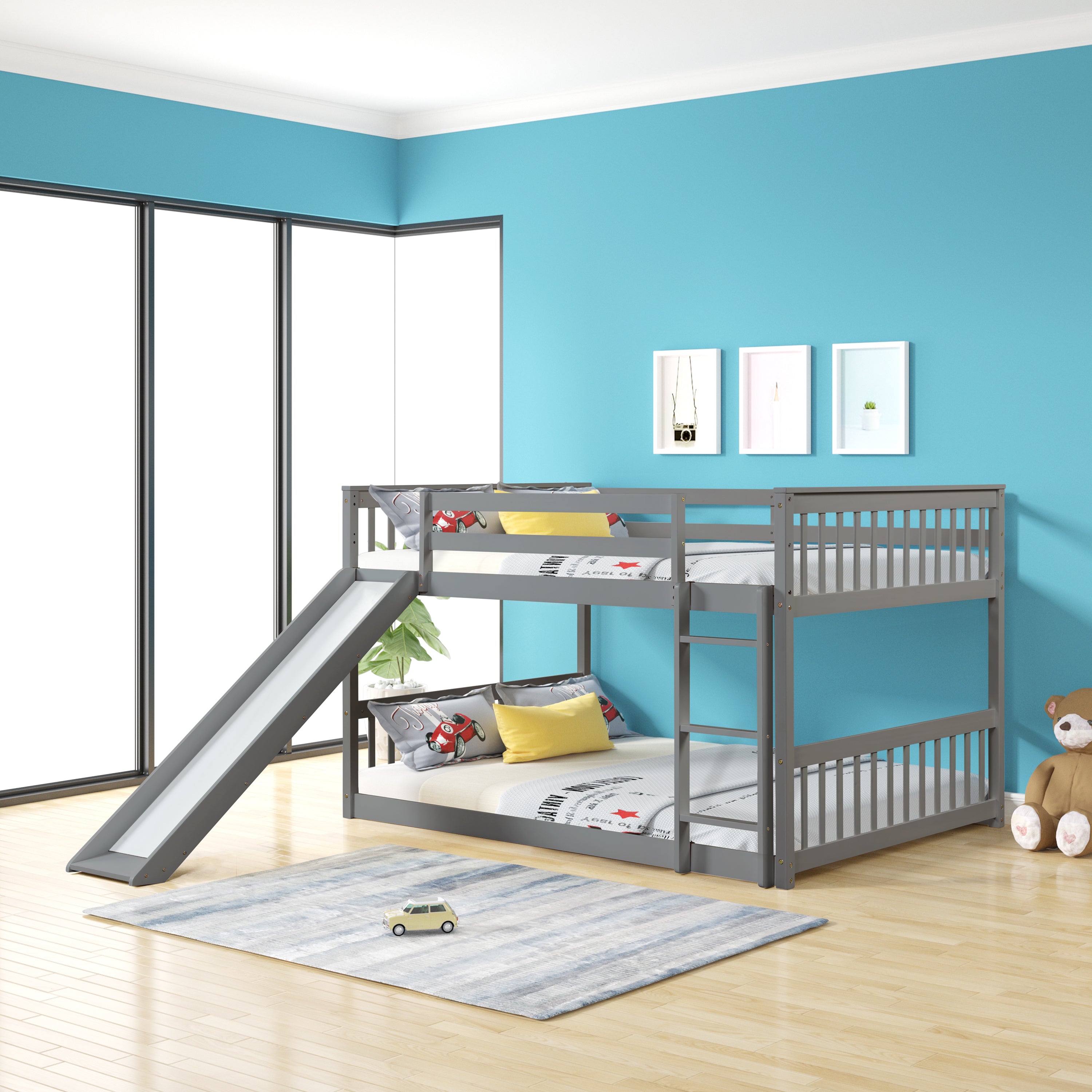 Full over Full Bunk Bed with Slide and Ladder in Grey Color