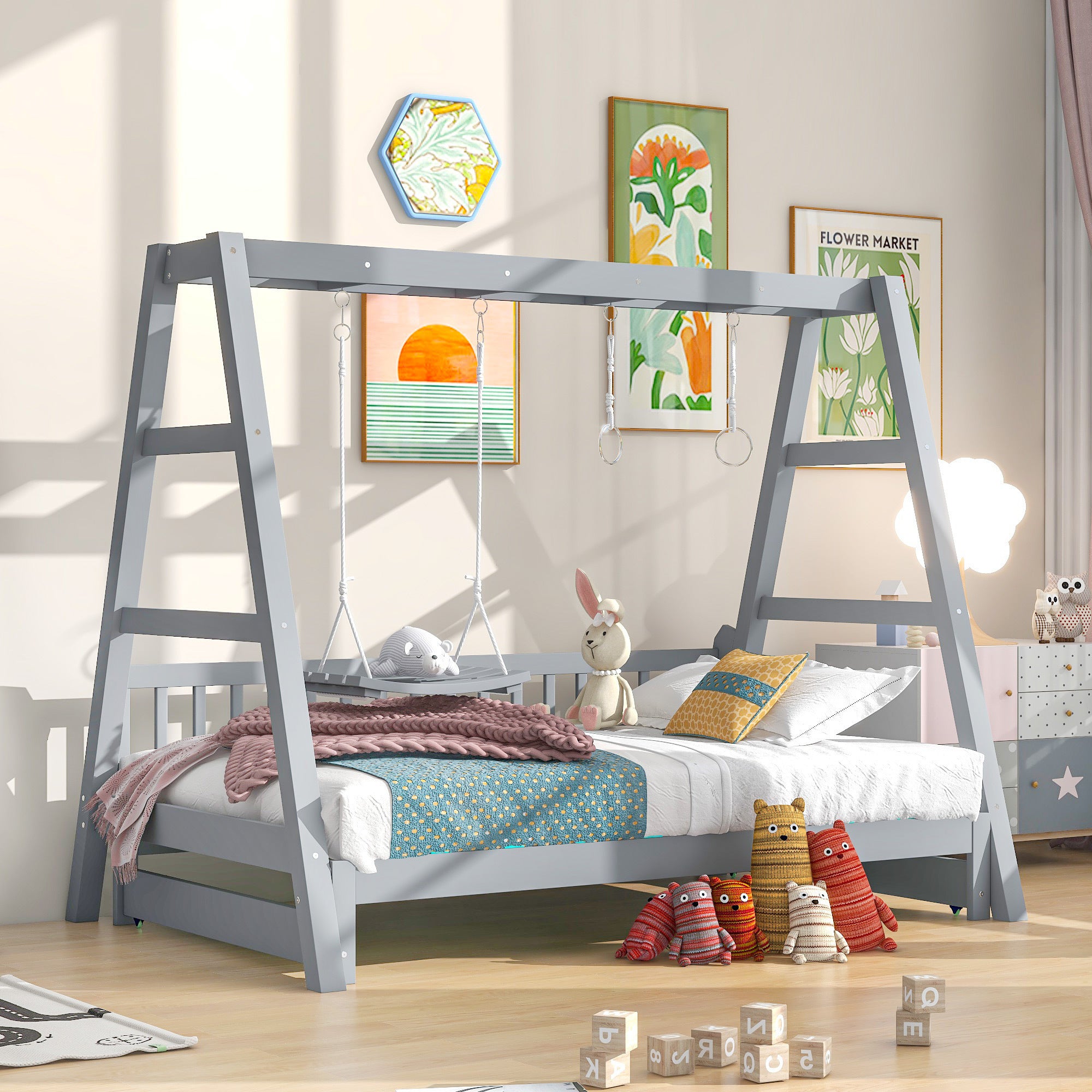 Extendable Twin Daybed with Swing and Ring Handles, Gray(Twin bed can be pulled out to be King) - Atlantic Fine Furniture Melbourne FL