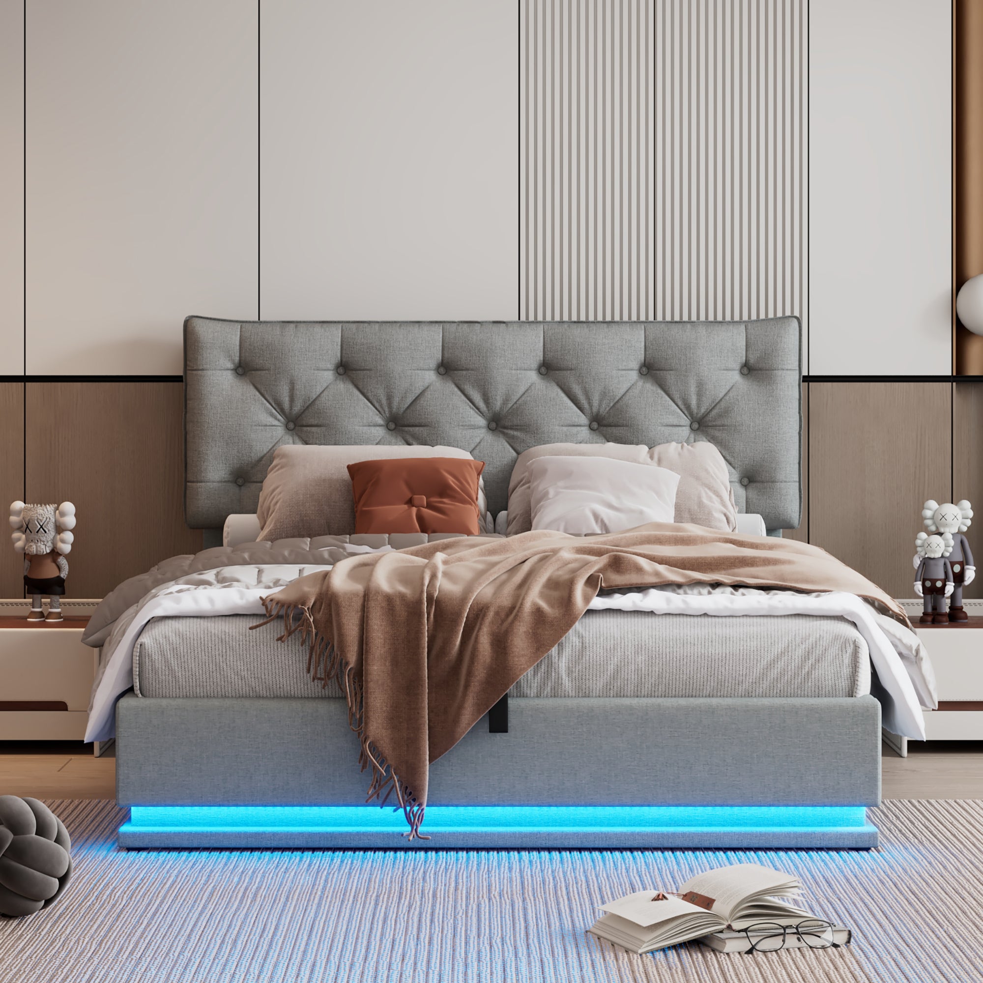 Queen Size Upholstered Bed with Hydraulic Storage System and LED Light, Modern Platform Bed with Button-tufted Design Headboard, Gray - Atlantic Fine Furniture Melbourne FL
