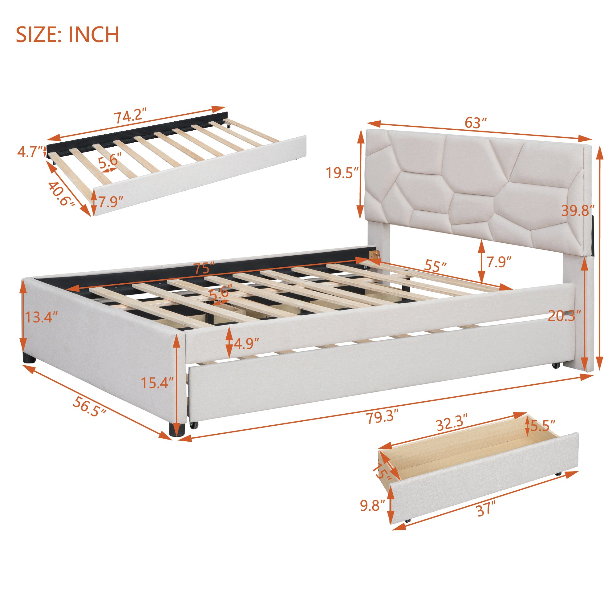 Full Size Upholstered Platform Bed with Brick Pattern Headboard, with Twin Size Trundle and 2 Drawers, Linen Fabric, Beige - Atlantic Fine Furniture Melbourne FL