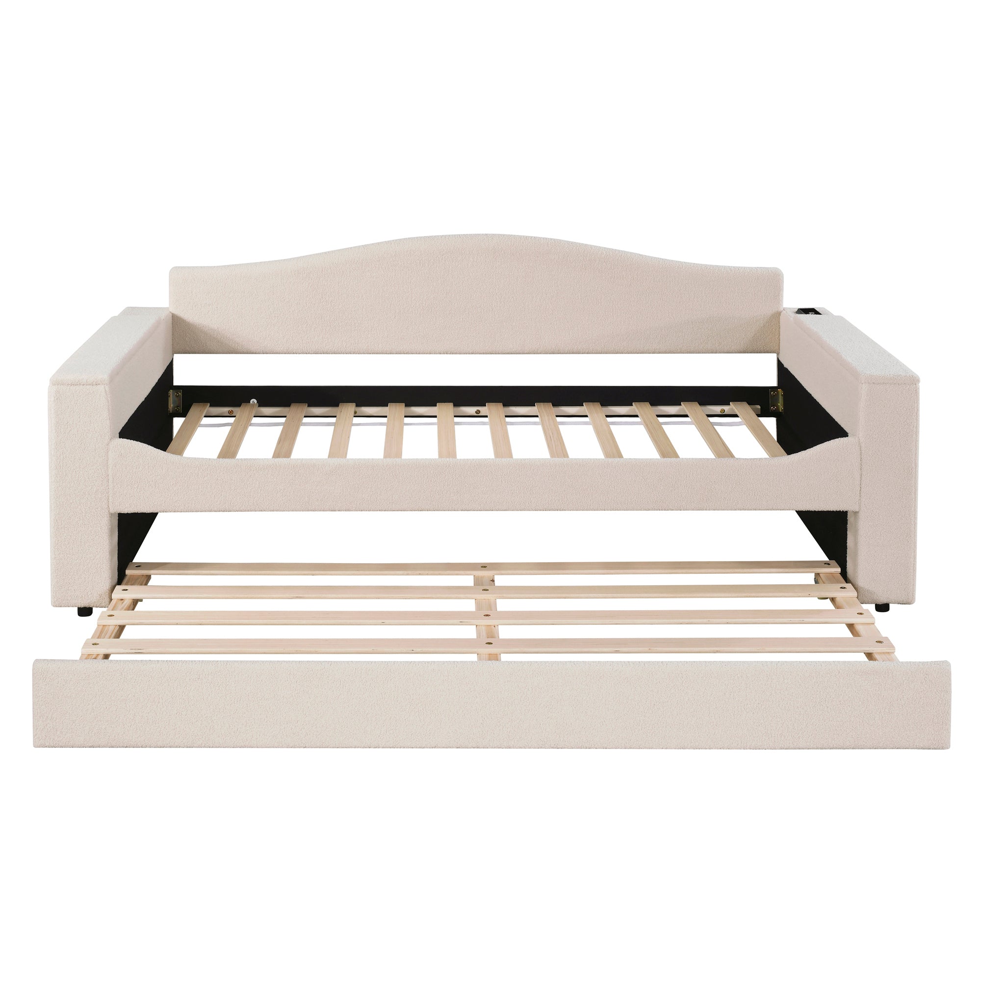 Twin Size Upholstered Daybed with Storage Armrests, Trundle and Latest Integrated Bluetooth Audio System, Teddy Fleece, Beige - Atlantic Fine Furniture Melbourne FL