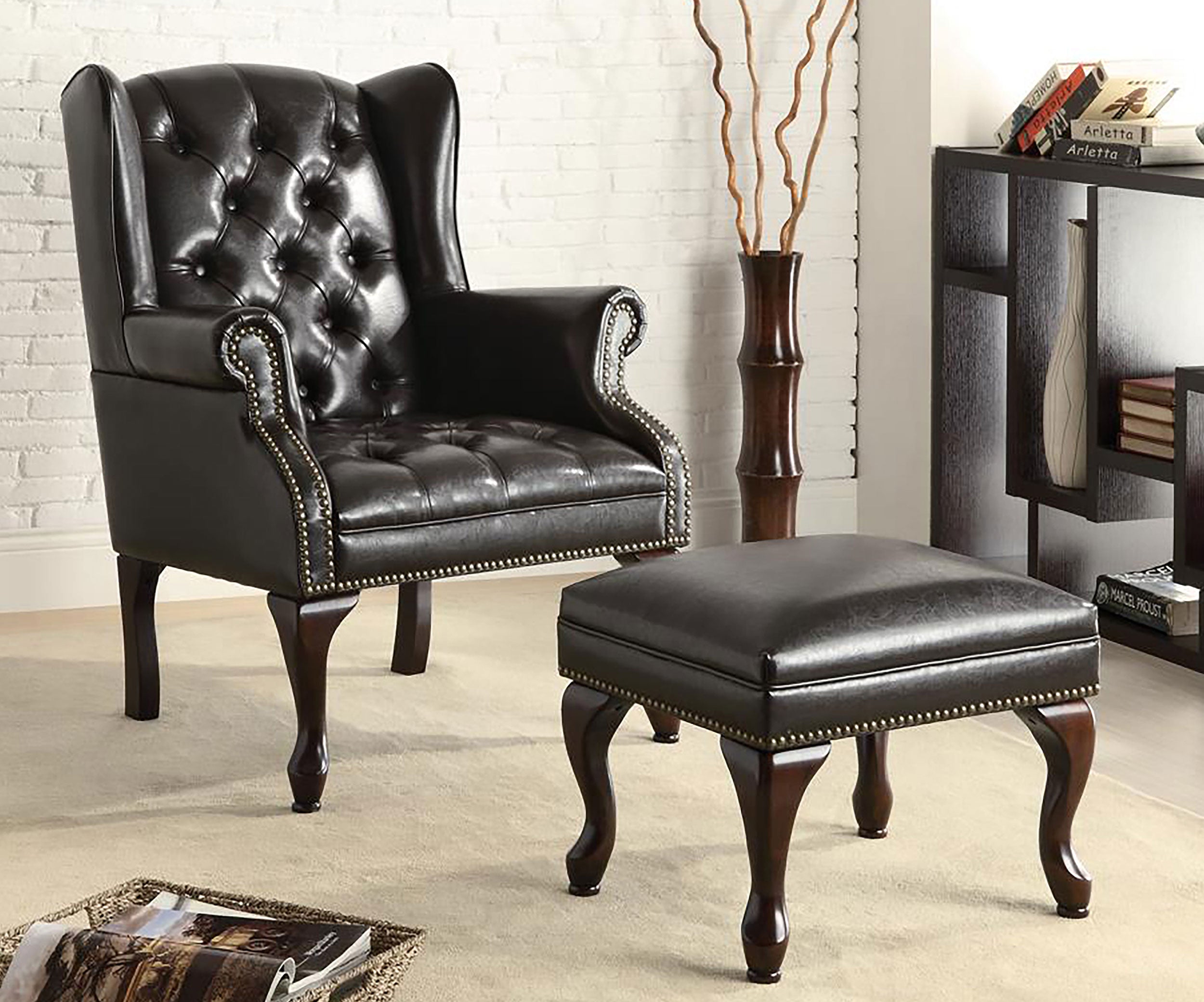 Roberts Upholstered Wingback Chair and Ottoman Set Black — view 2