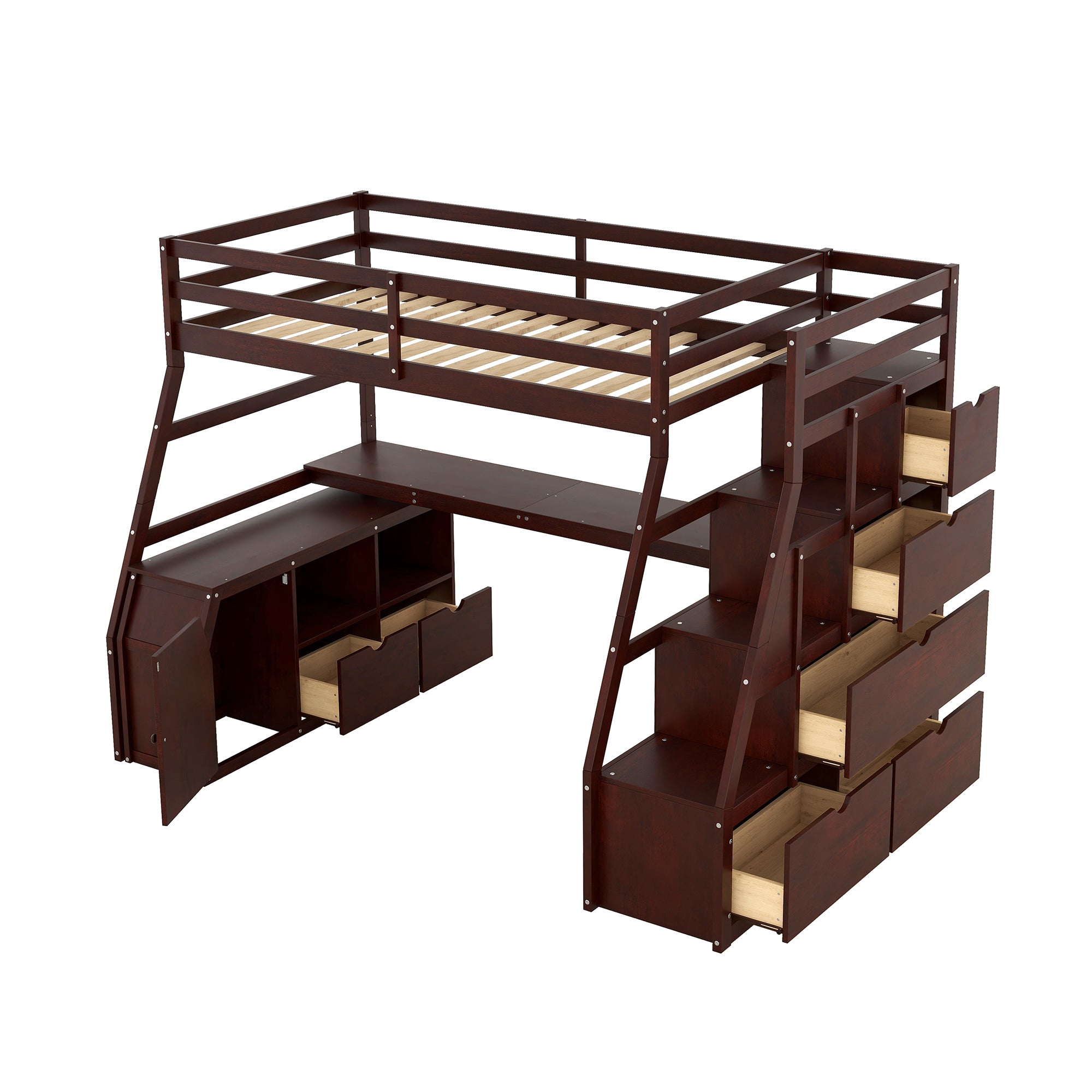 Twin Size Loft Bed with 7 Drawers 2 Shelves and Desk - Espresso - Atlantic Fine Furniture Melbourne FL