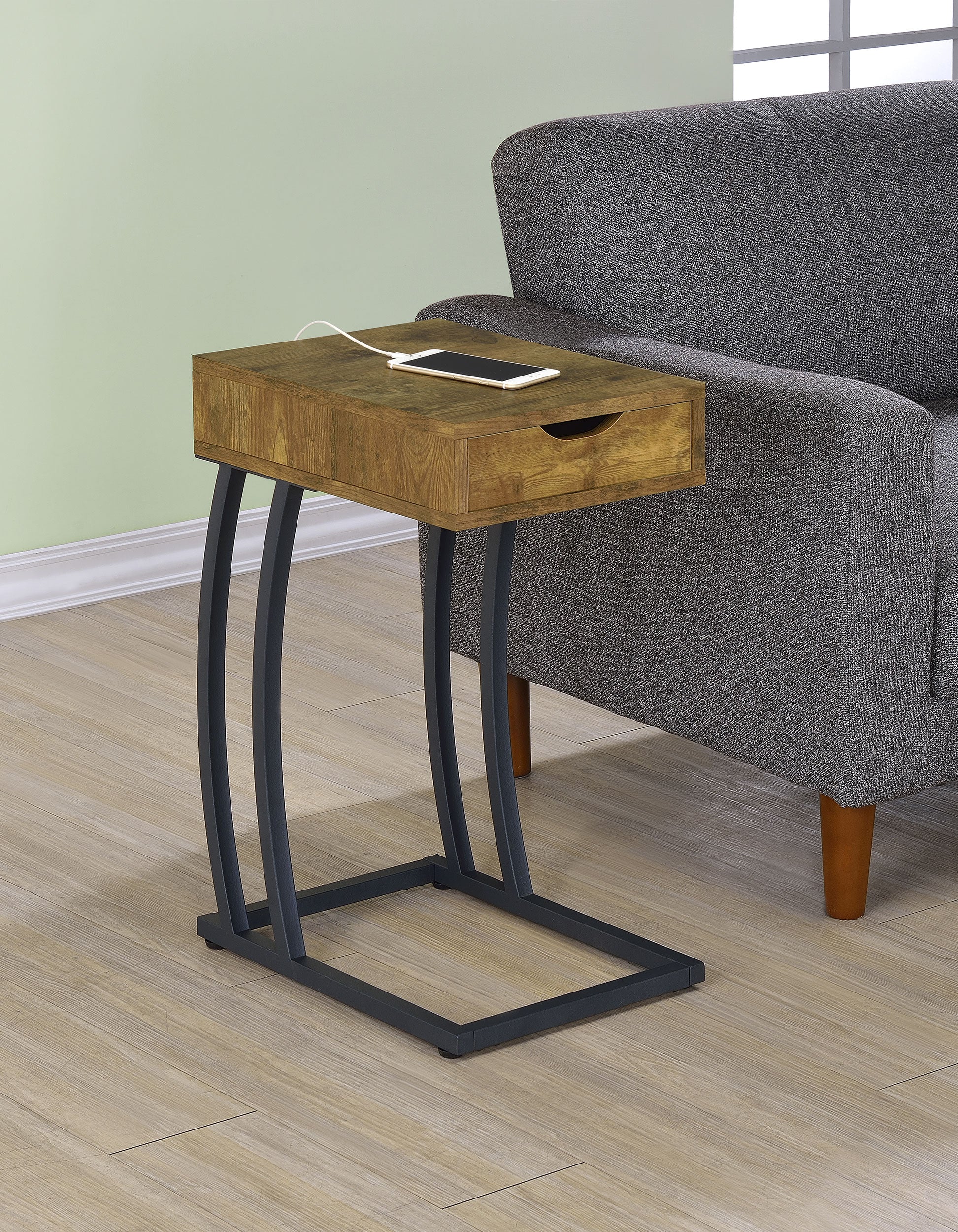 Troy 1-drawer C-Shaped Side Table Power Outlet Rustic Nutmeg — view 2