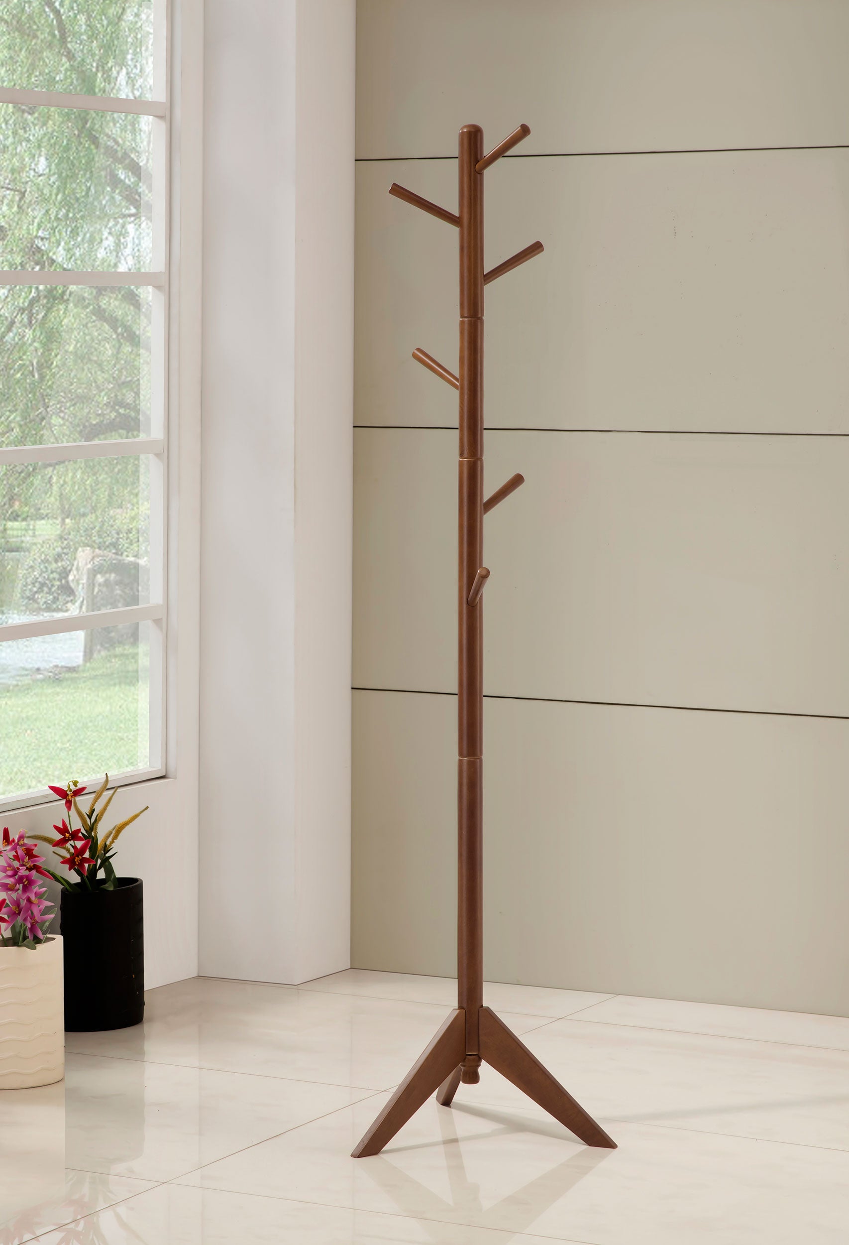 Devlin 6 Hook Freestanding Wood Coat Rack Hat Hanger Walnut — view 2