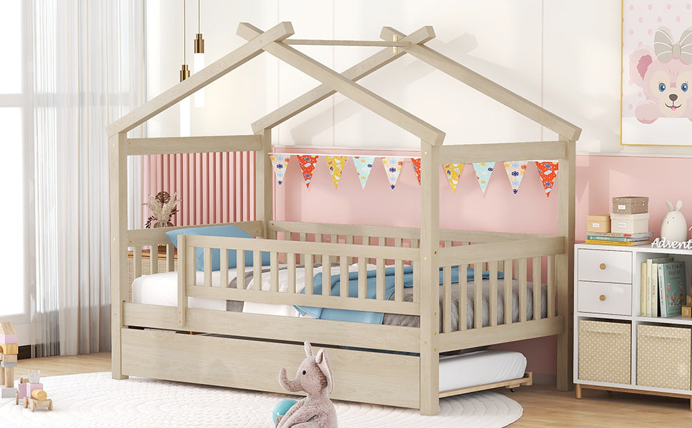 Twin Size Wooden House Bed with Twin Size Trundle, Natural - Atlantic Fine Furniture Melbourne FL