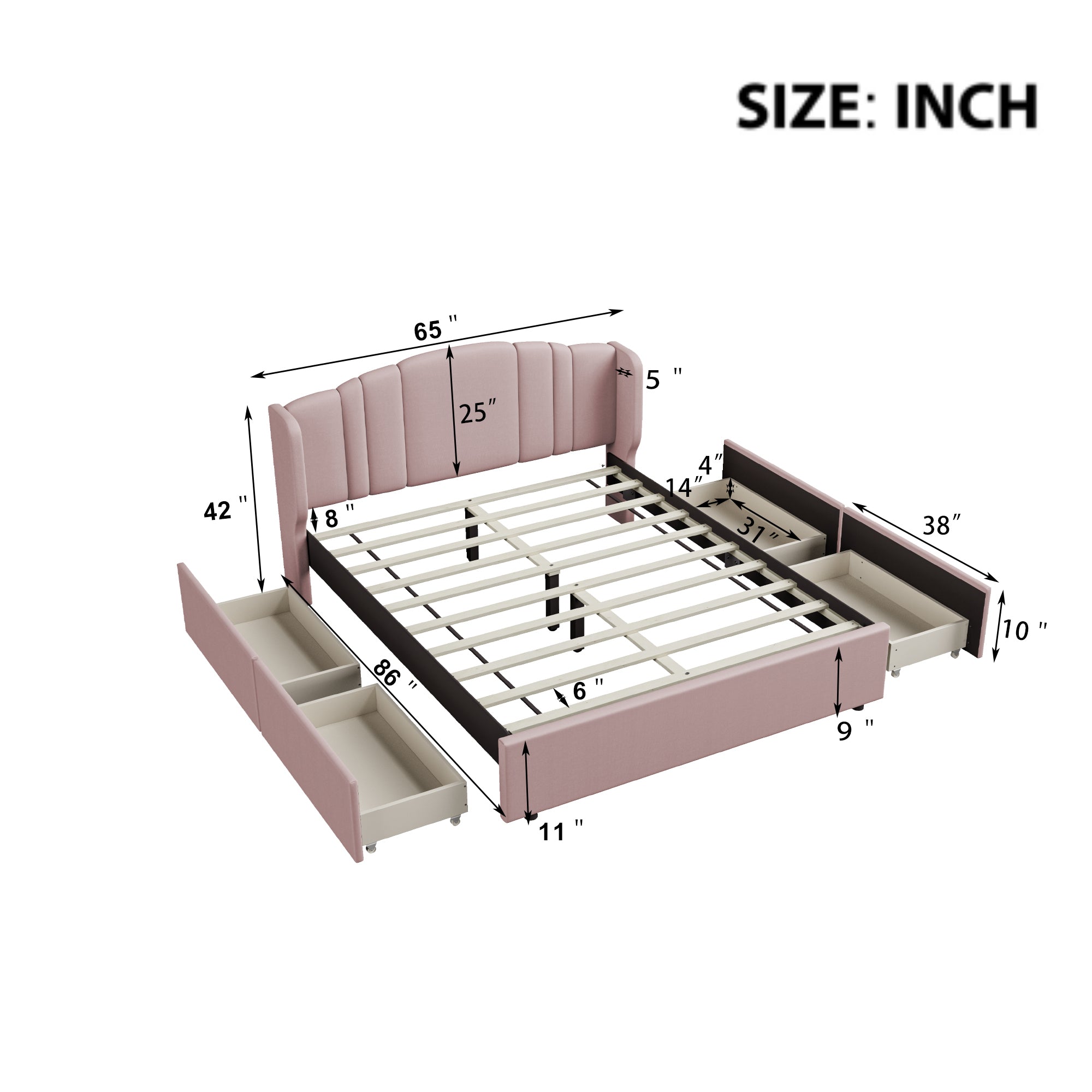 Upholstered Platform Bed with Wingback Headboard and 4 Drawers, No Box Spring Needed, Linen Fabric, Queen Size Pink - Atlantic Fine Furniture Melbourne FL