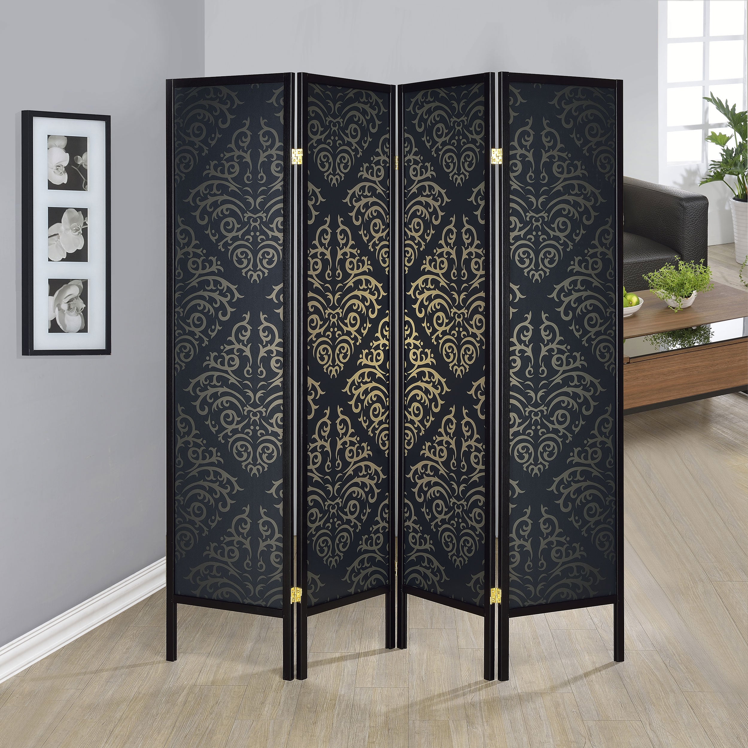 Haidera 4-Panel Room Divider Folding Screen Black Damask — view 2