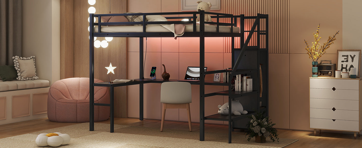 Full XL Size Loft Bed with L-shaped Desk and USB, Metal Loft Bed with Wardrobe and Adjustable Shelf, High Loft Bed with LED for Kids Teens Adults, Black