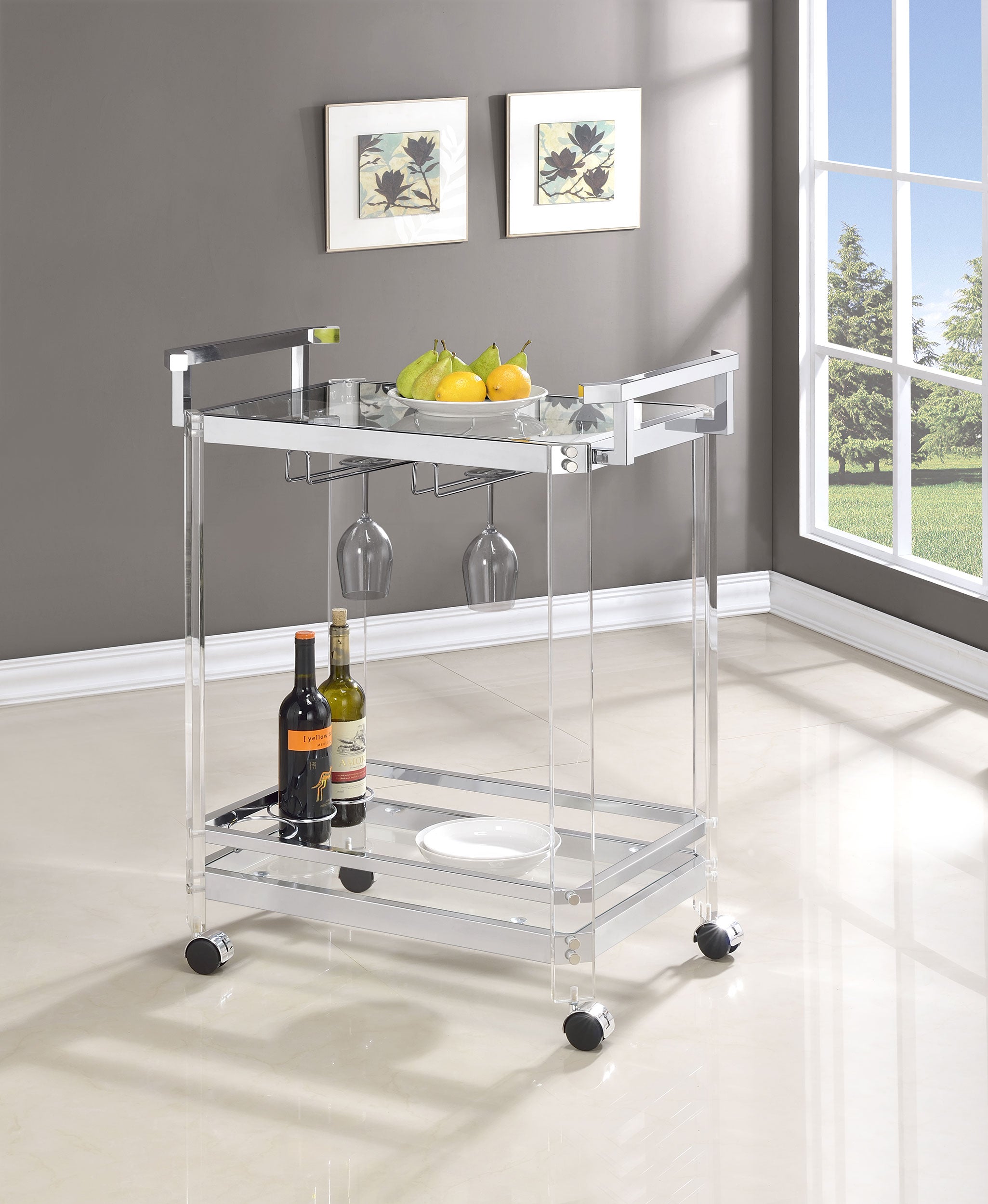 Jefferson 2-tier Glass Shelf Acrylic Bar Cart Chrome — view 2
