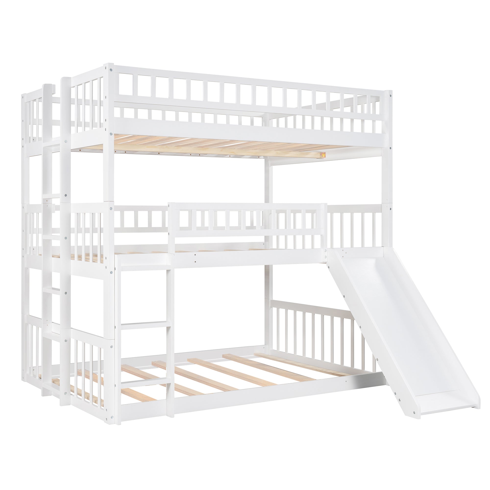 Full-Over-Full-Over-Full Triple Bed with Built-in Ladder and Slide , Triple Bunk Bed with Guardrails, White(OLD SKU :LP000052AAK)