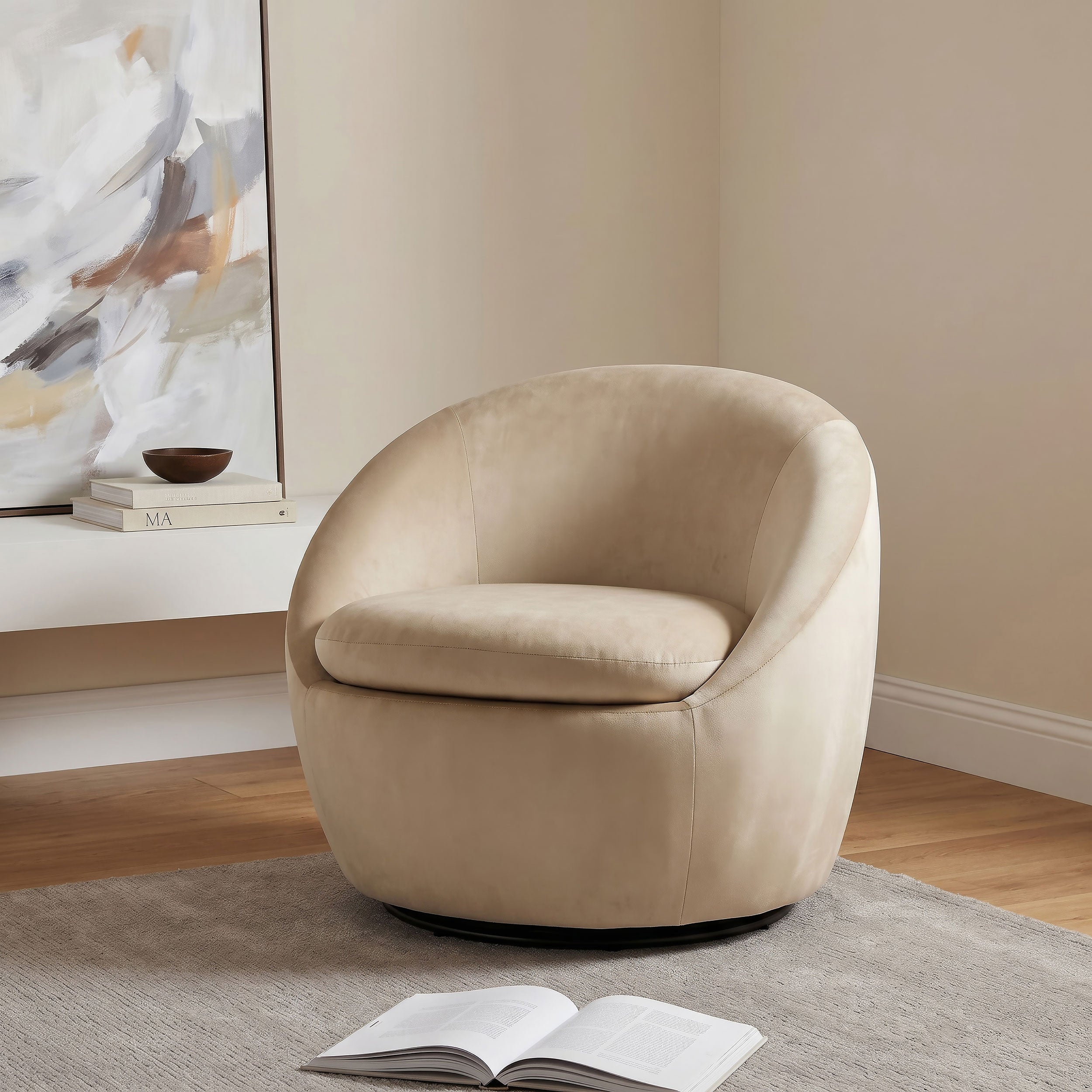 Myernick Velvet Upholstered Swivel Accent Chair Camel — view 2
