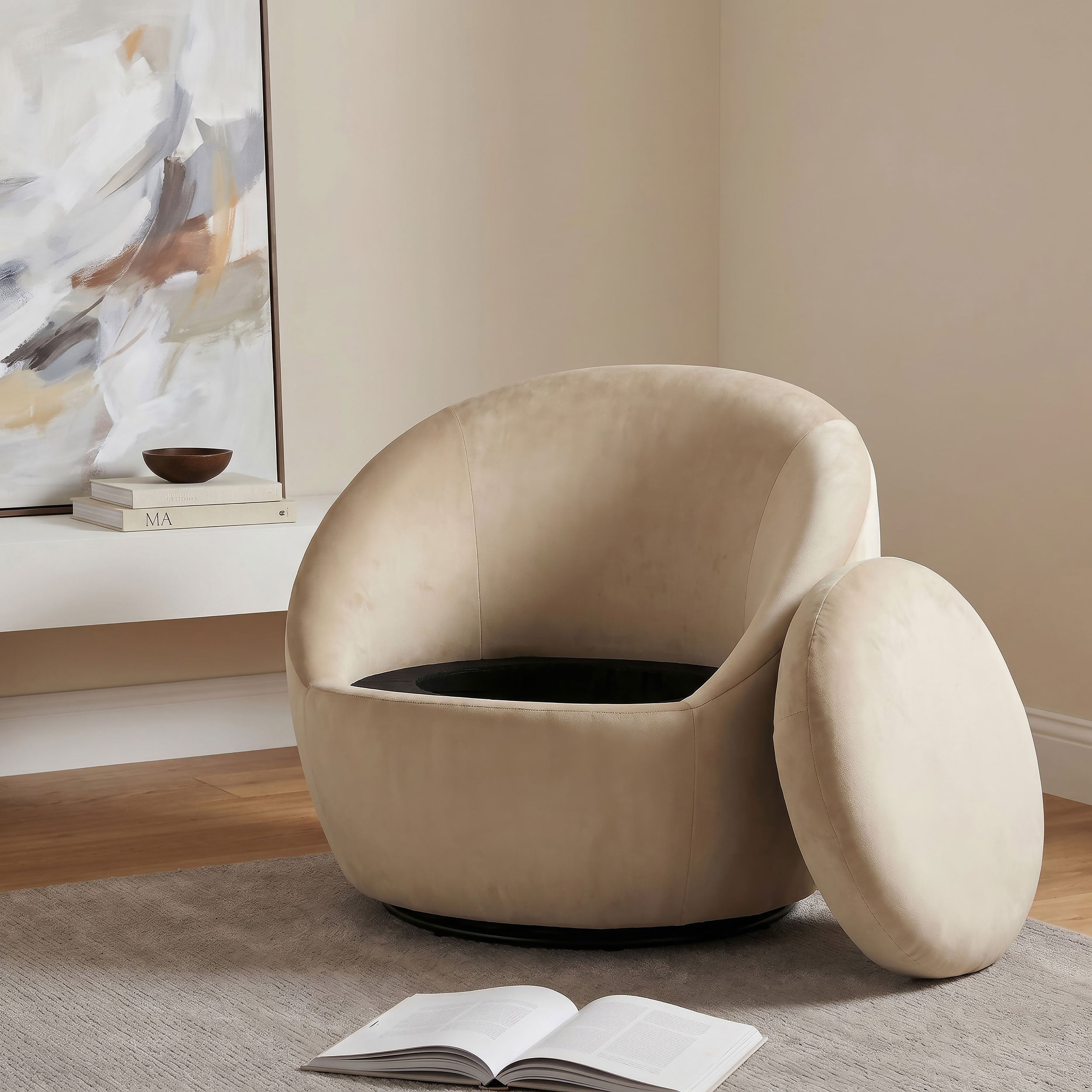 Myernick Velvet Upholstered Swivel Accent Chair Camel — view 3