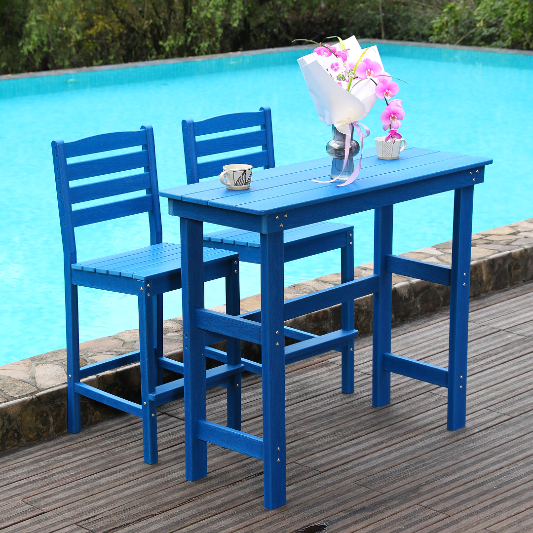 Patio Life Adirondack Outdoor Bar Table with 2 High-Back Bar Chairs - Lake Blue