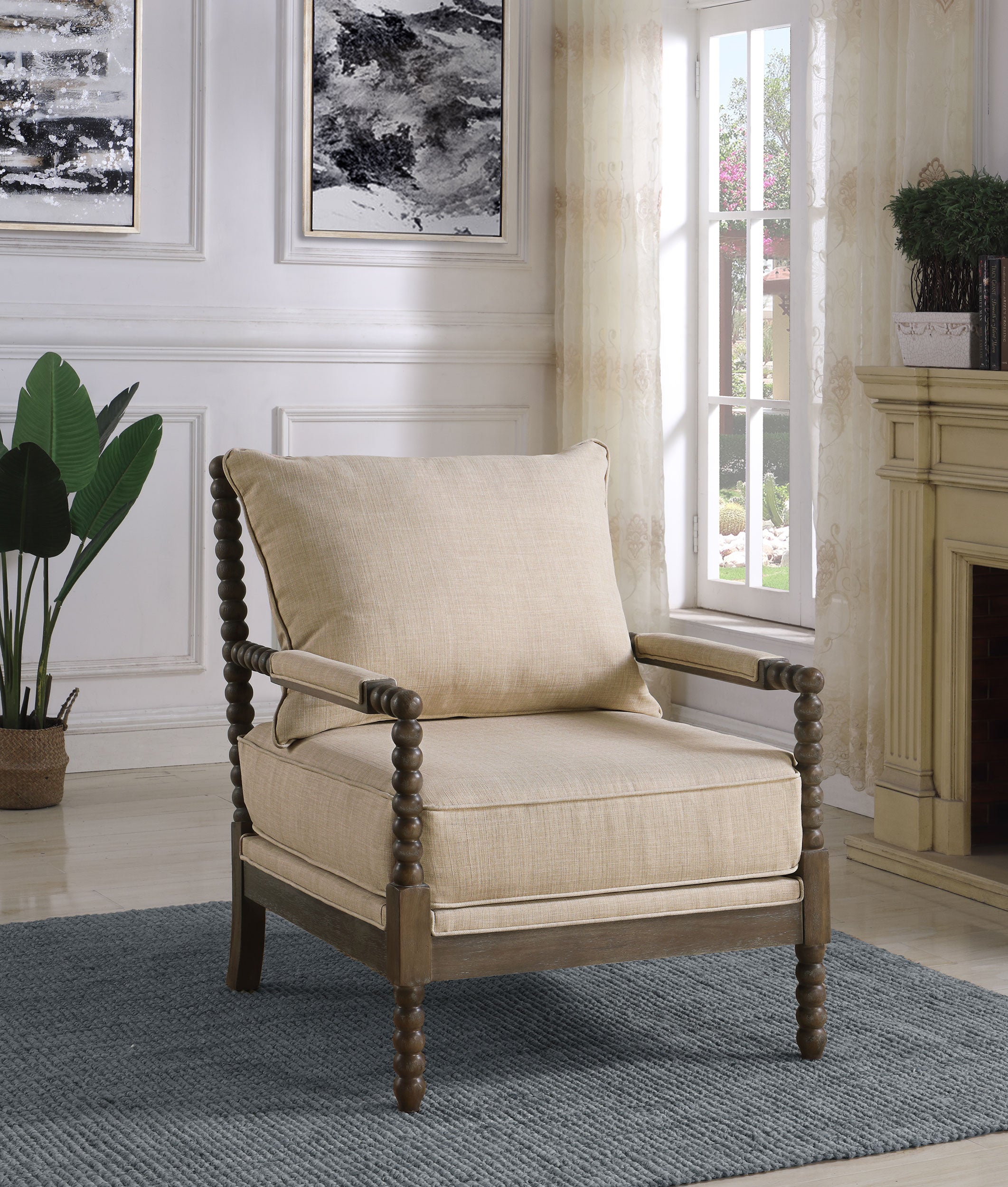 Blanchett Upholstered Bobbin Accent Chair Beige and Distressed Brown — view 2