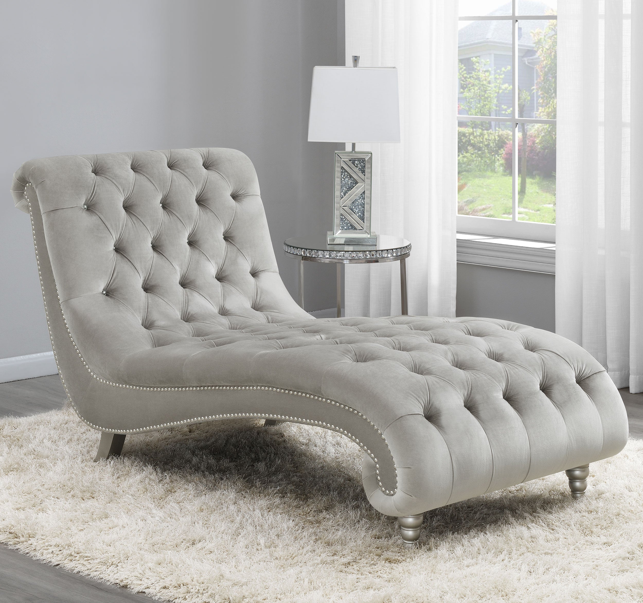Lydia Velvet Upholstered Tufted Chaise Grey — view 2