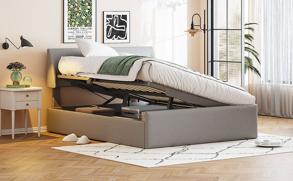 Full Size Sleigh Bed with Side-Tilt Hydraulic Storage System, Linen Upholstery, Gray - Atlantic Fine Furniture Melbourne FL