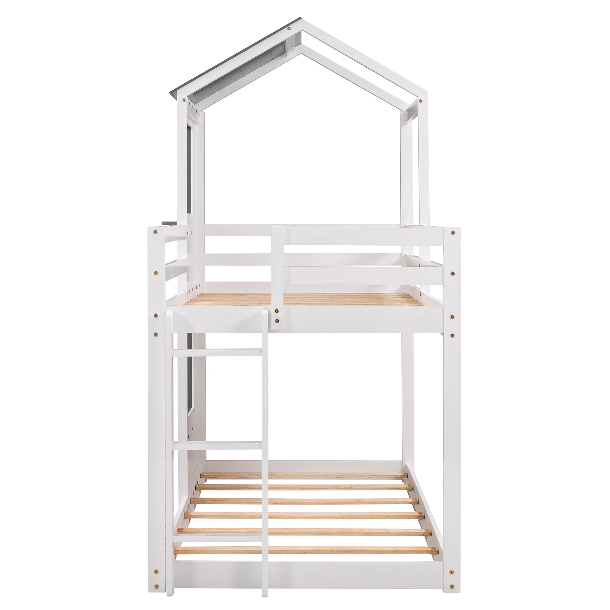 Twin Over Twin Bunk Bed Wood Bed with Roof, Window, Guardrail, Ladder (White)(OLD SKU :LP000056AAK) - Atlantic Fine Furniture Melbourne FL