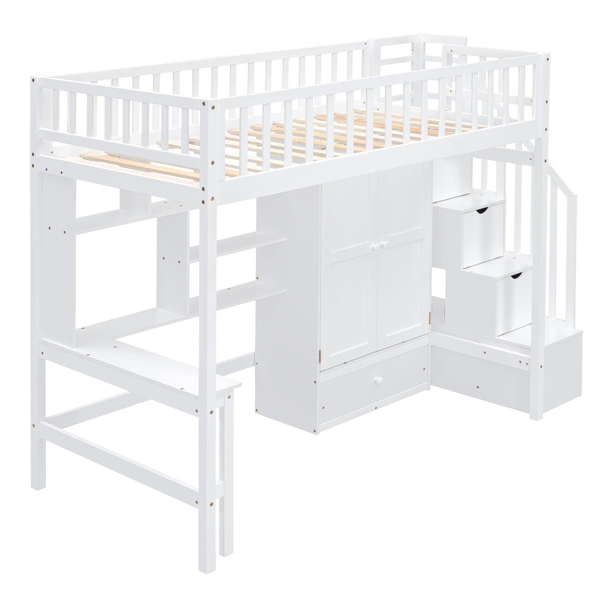 Twin size Loft Bed with Bookshelf,Drawers,Desk,and Wardrobe-White - Atlantic Fine Furniture Melbourne FL